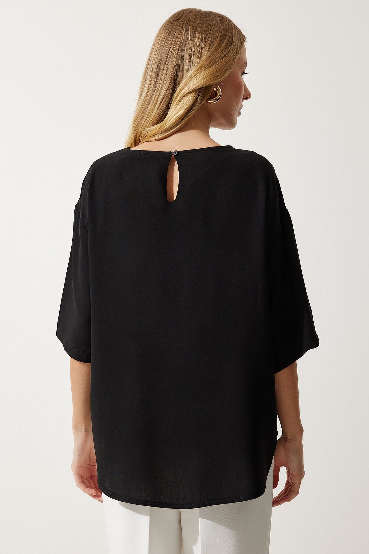 Female black bike collar draped viscose blouse RC00152