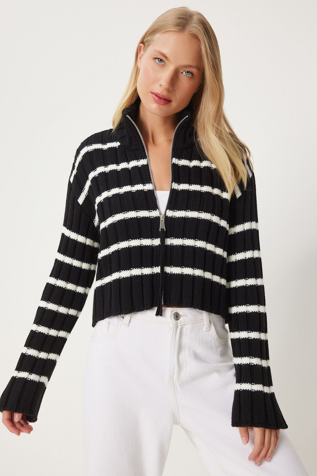 Female black zipper striped upright collar knitwear cardigan PF00081