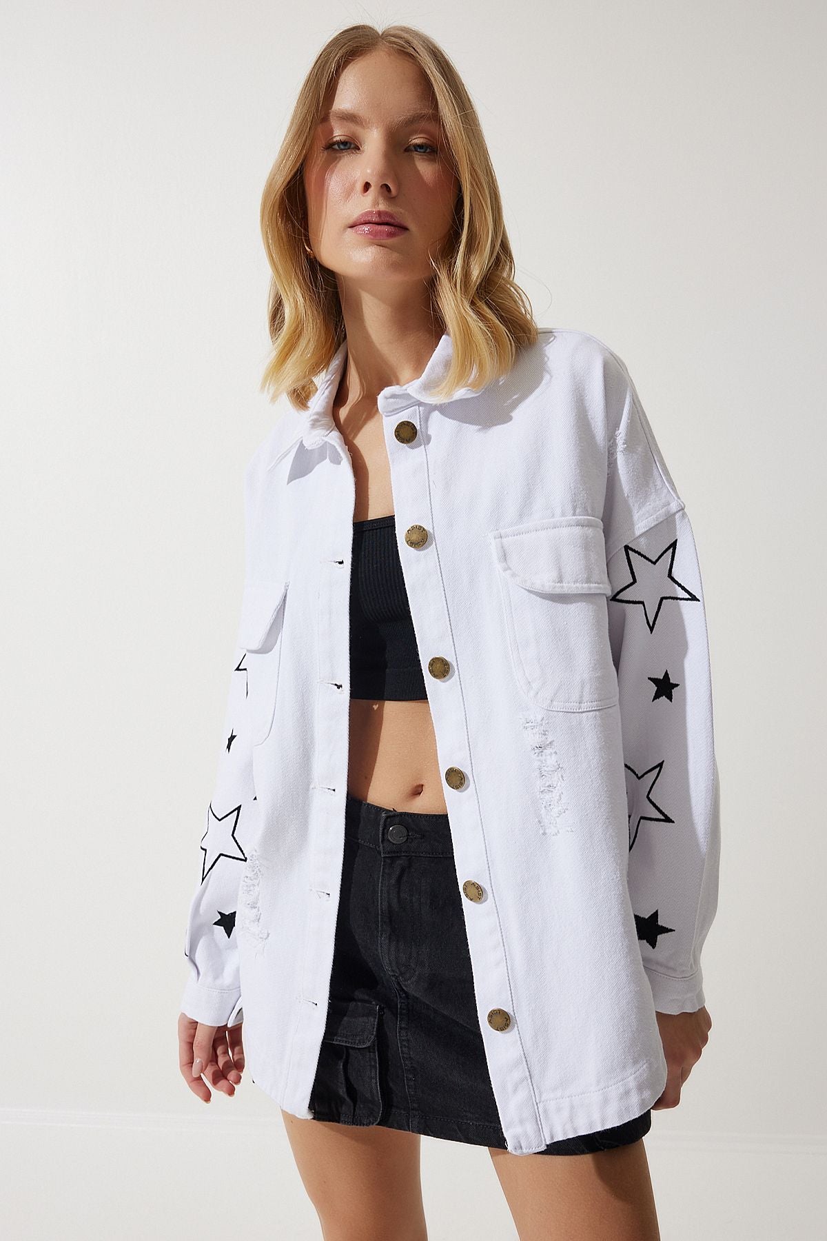 Woman White Star Embroidered Oversize Shirt Jacket SA00026