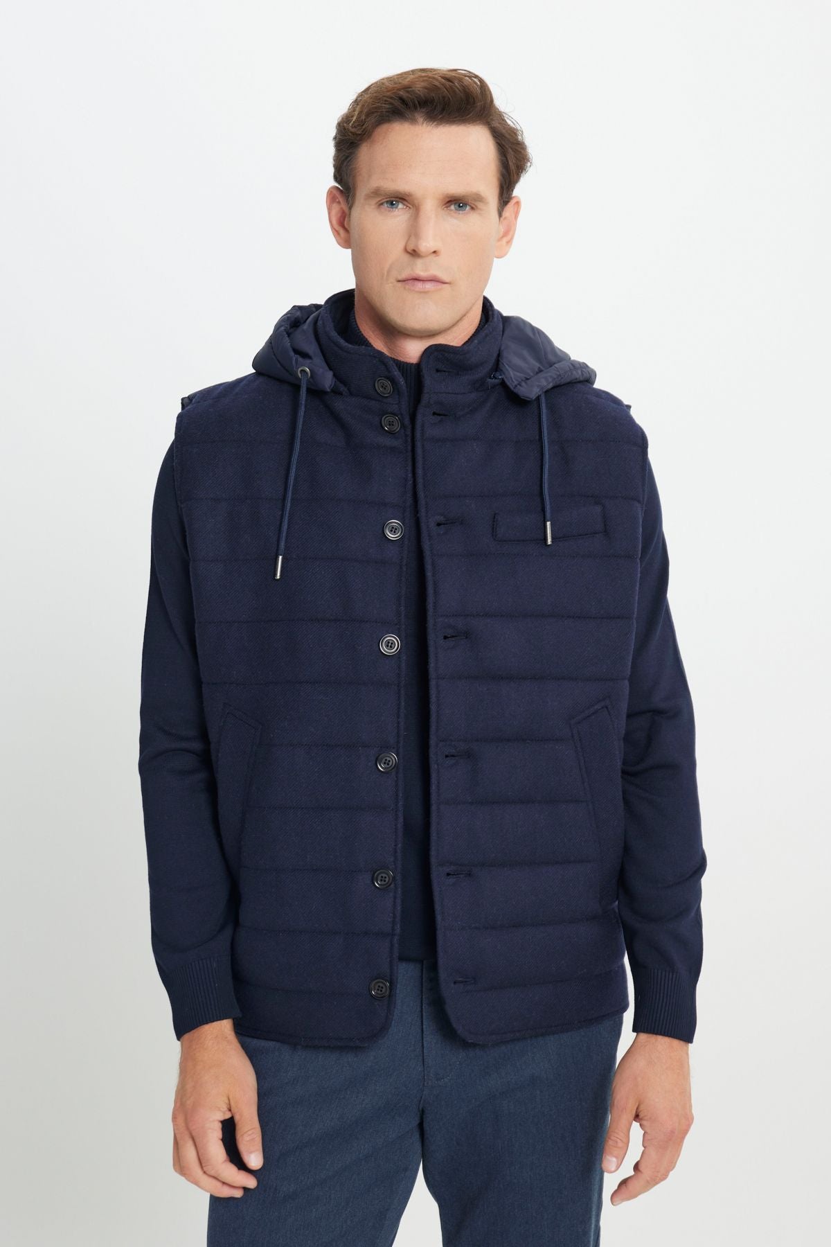 Men's navy blue woolen hot holding standard fit normal cut hooded upright collar color block vest