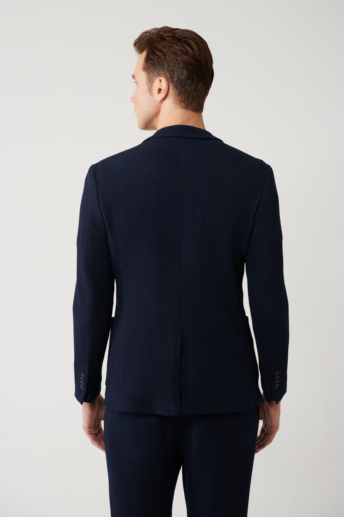 Men's navy blue slitted lined bi stretch fabric jacket A41y4032