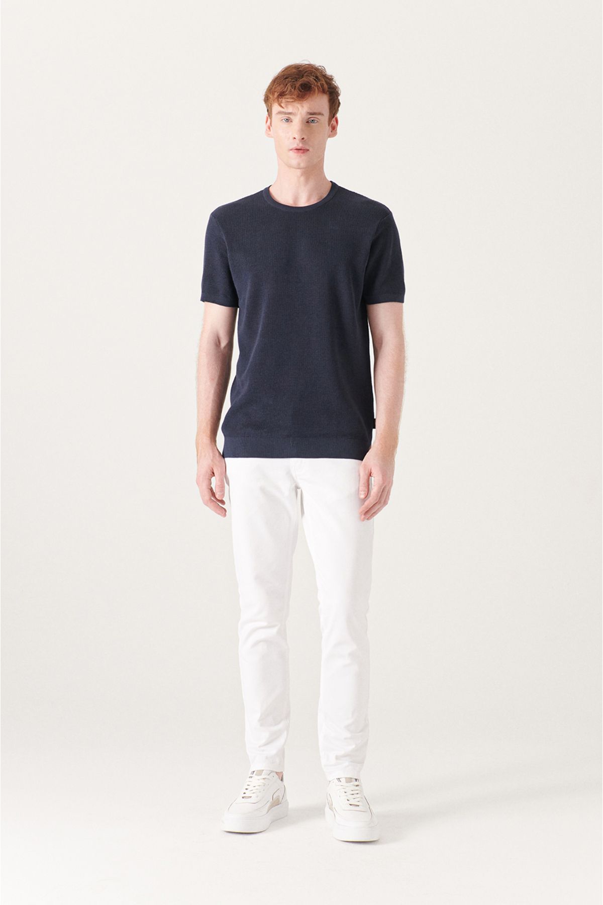 Men's Navy Modal Bicycle Collar textured riban knitwear T-shirt B005010