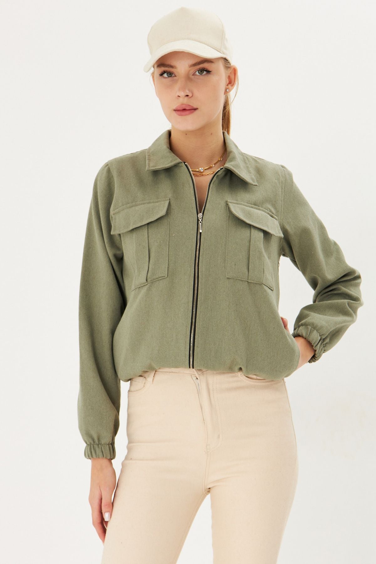 Female Khaki shirt collar front zipper chest pocket detailed waist tire jacket ARM-25K001055