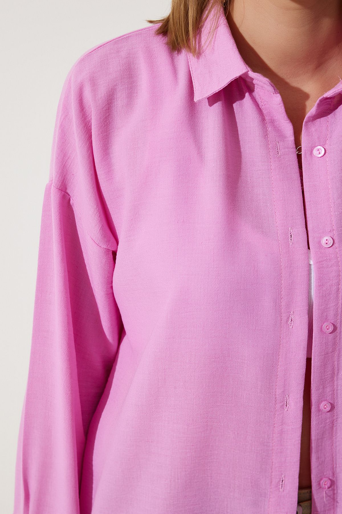 Woman Light Pink Oversizle Linen Ayrrin Shirt DD01222