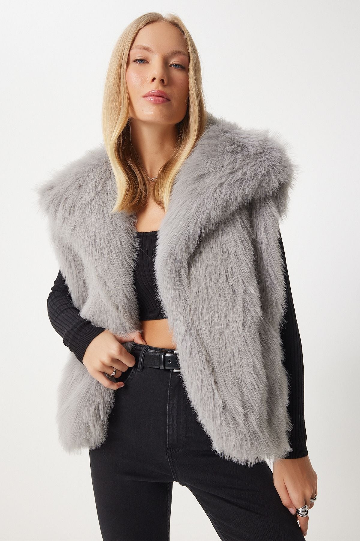 Women's Stone Gray Artificial Fur Vest YL00003
