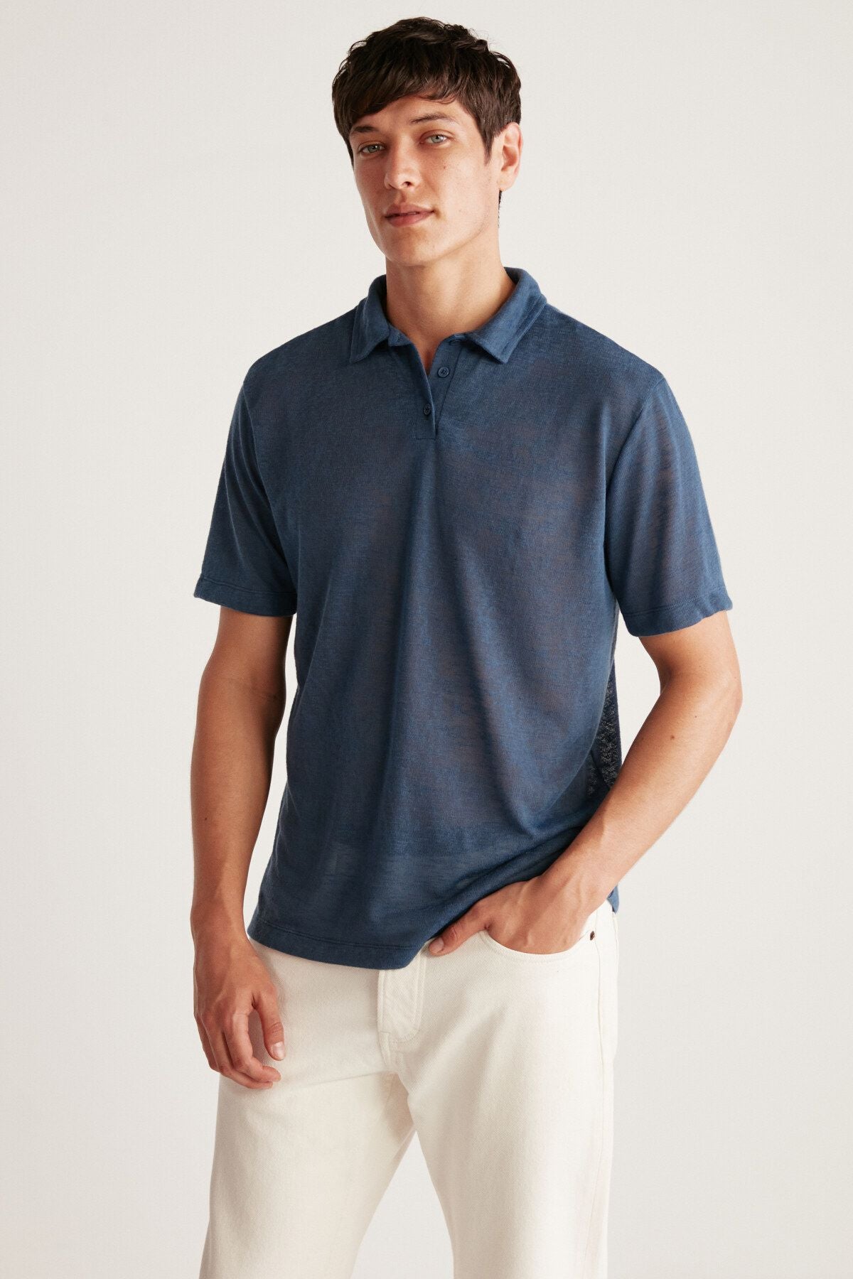 TOBY Men's Polo Linen-Looking Tiril Tiril Fabric Navy Blue Polo Yaka T-shirt