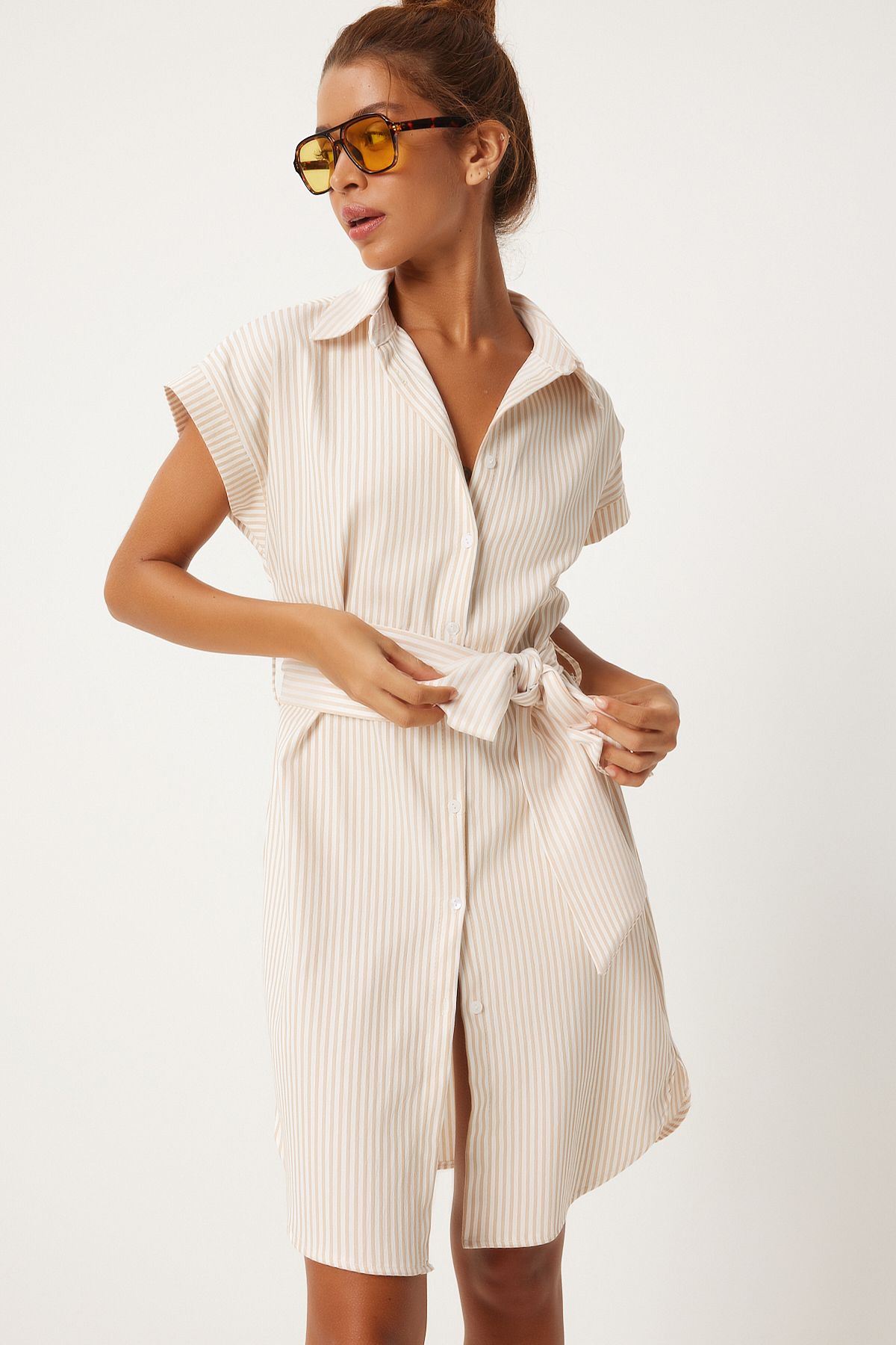 Female Beige White Belt Striped Shirt Dress FN03252