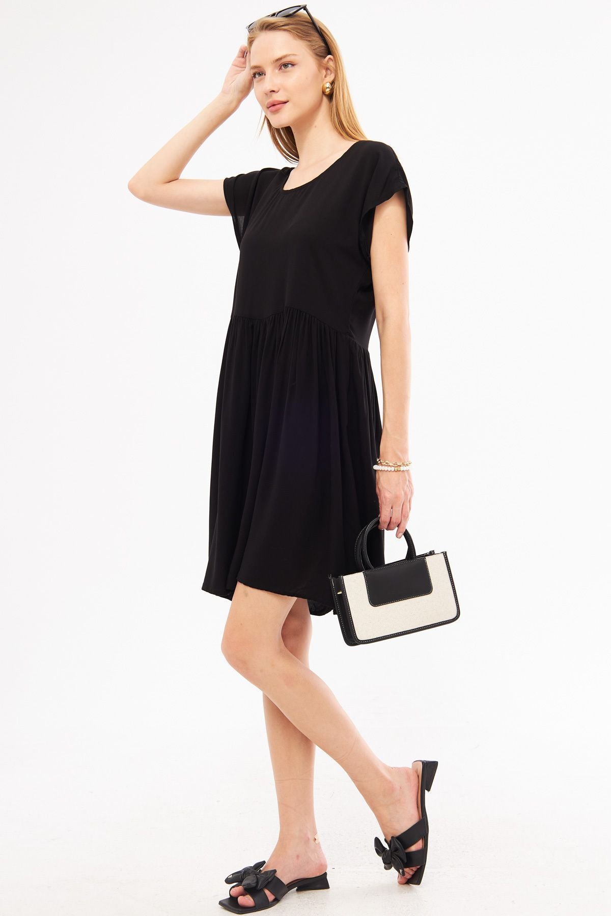 Female Black Waist Shirred Mini Dress ARM-24Y001090
