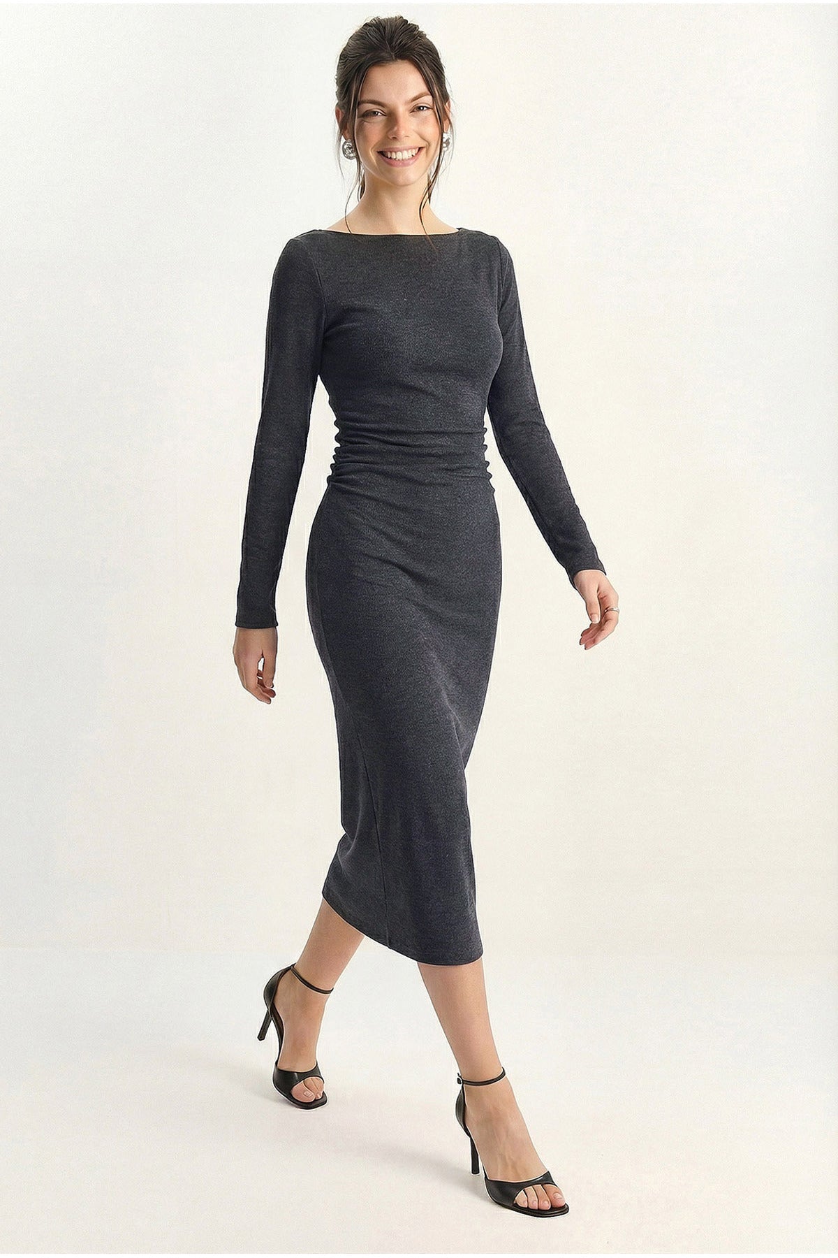 Women's Boat Neck Gather Detailed Long Sleeve Midi Dress DE261004 60283984