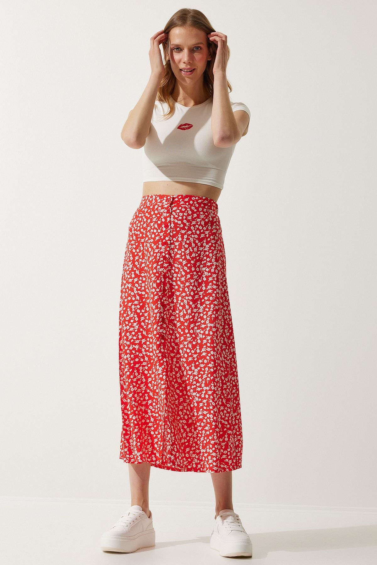 Female Orange Patterned Slit viscose skirt UB00246