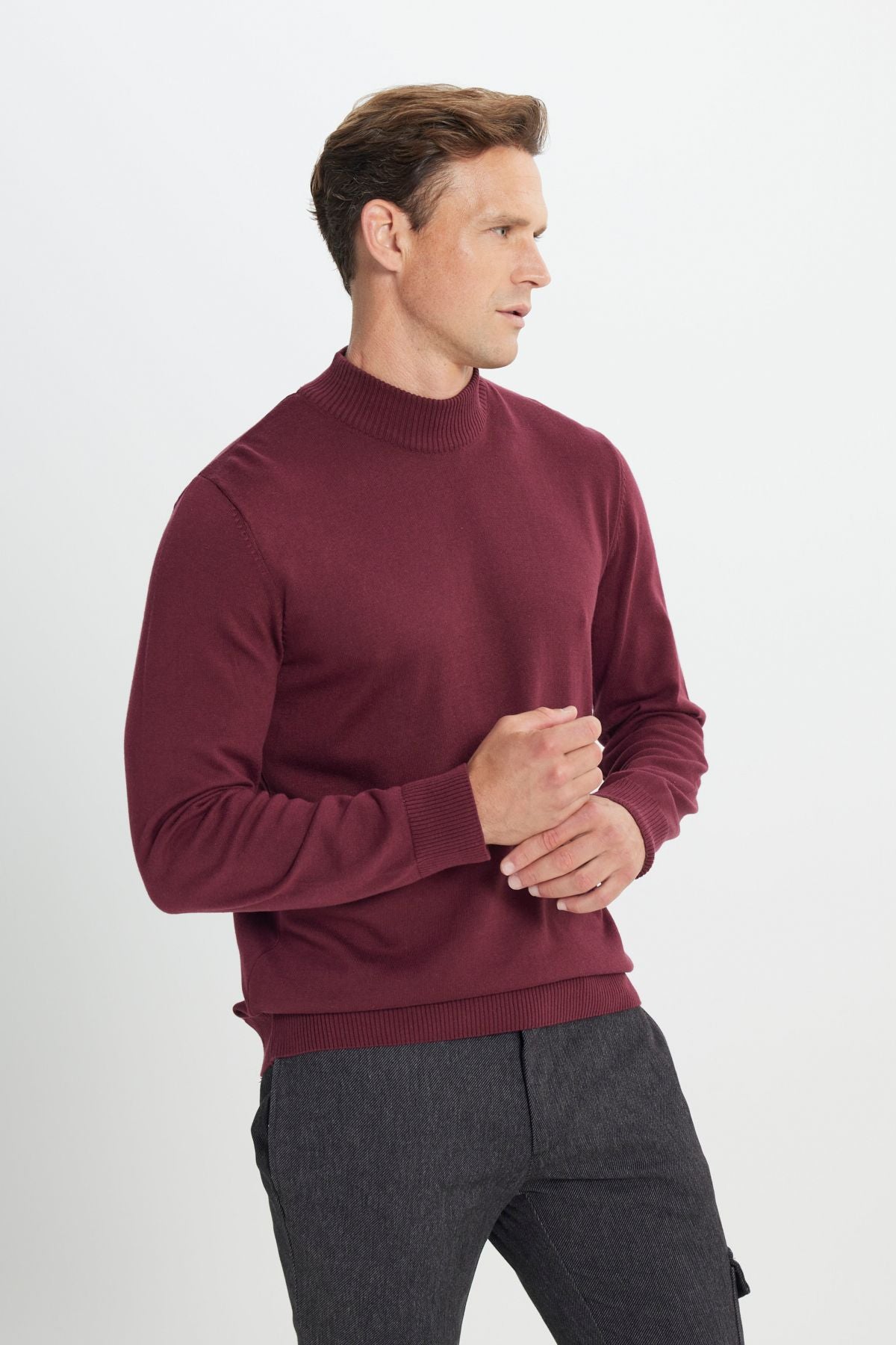 Men's Bordeaux Standard Fit Normal Cut Half Fisherman Collar Cotton Knitwear Sweater