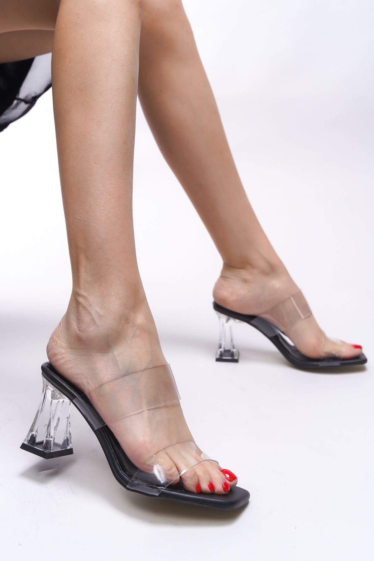 Tamlaela Women Heels Transparent Taled Slippers 0012301 Black