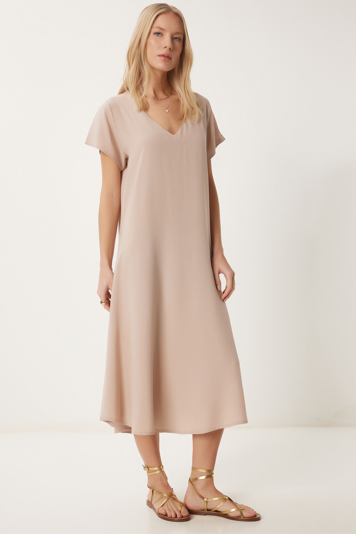 Women's Cream V -Neck Summer Casting Viscose Dress EN00612