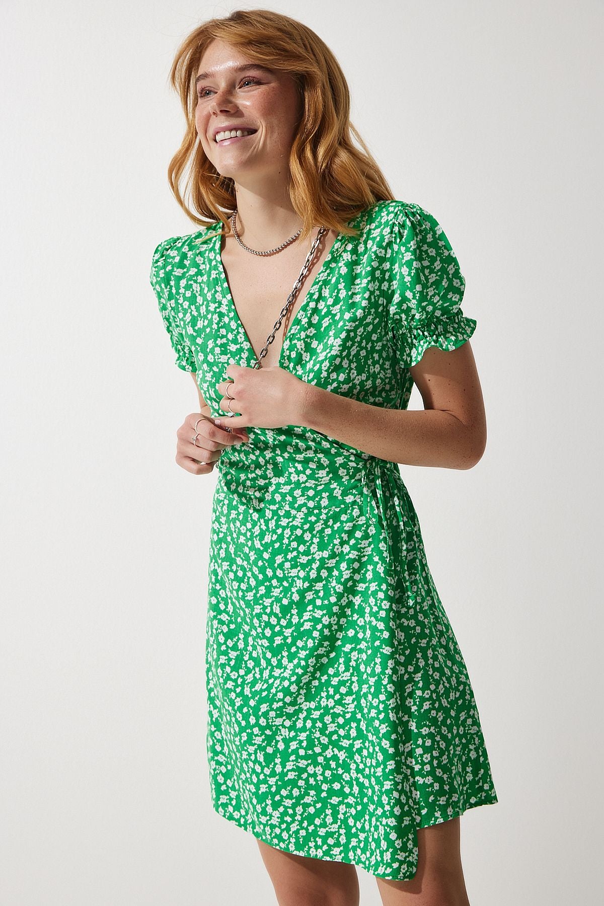 Female green patterned viscose weaving dress ub00111