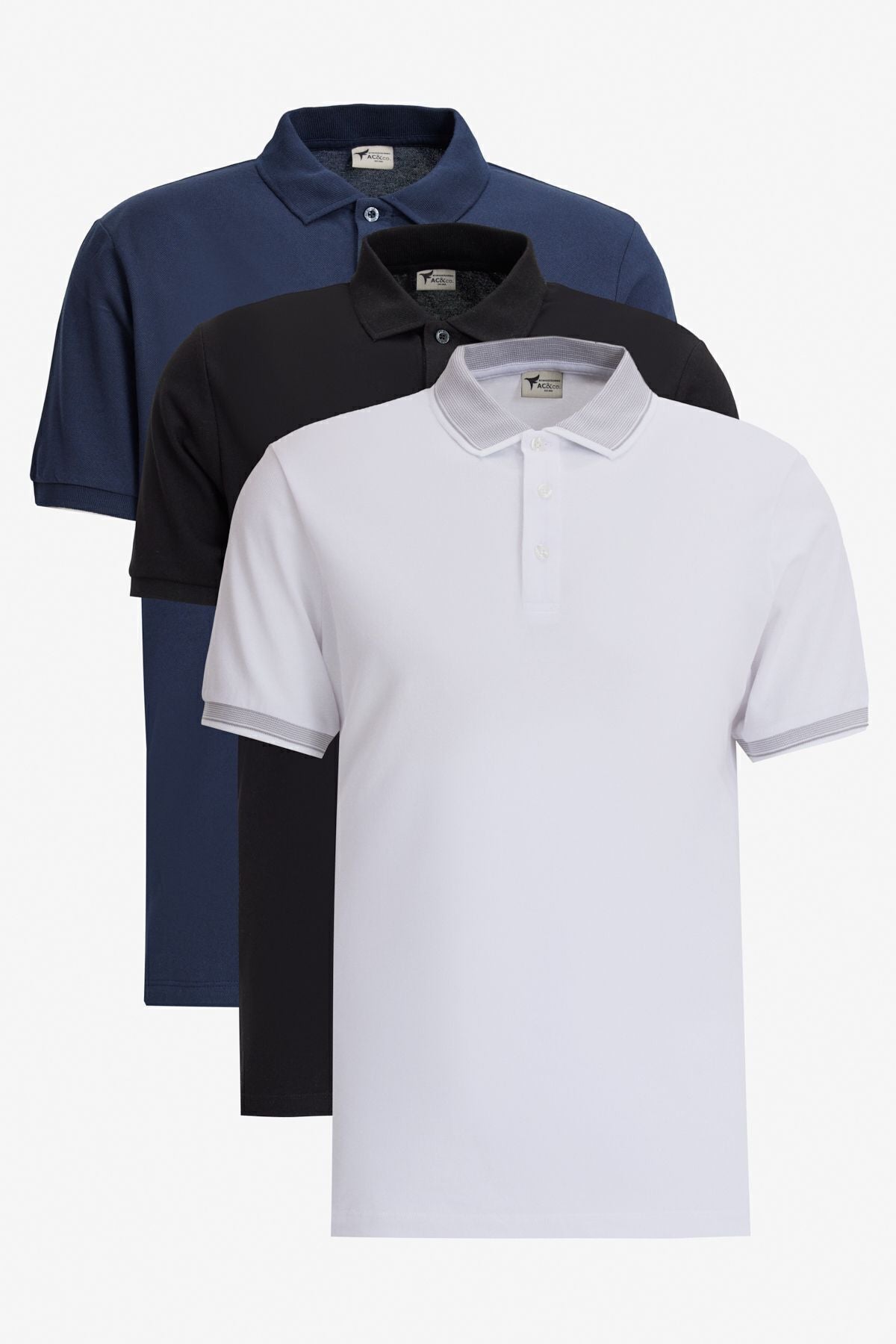 Men's black-and-white-navy blue 3-point-free cotton slim fit curved polo collar t-shirt