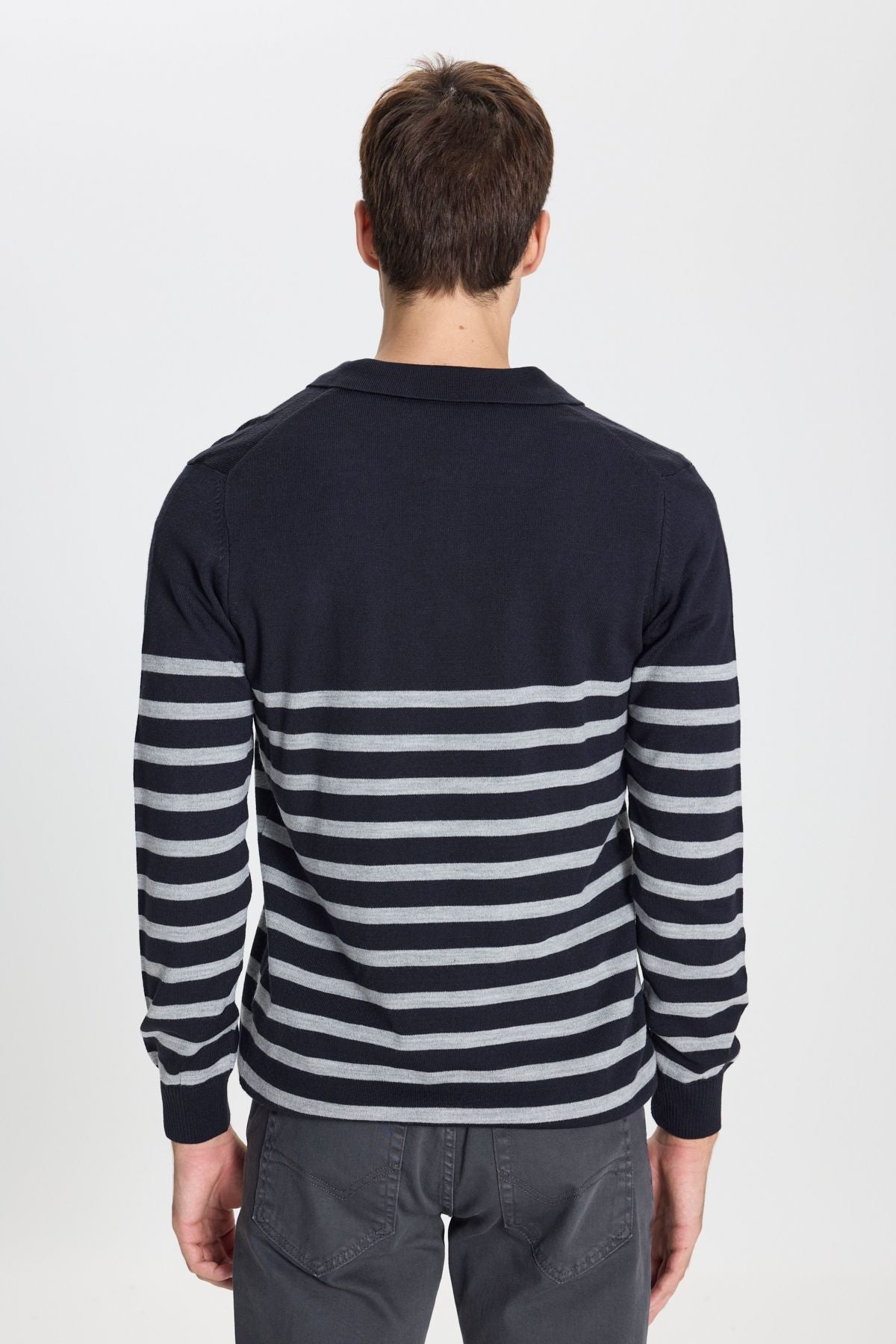 Men's Navy-Gri Standard Fit Normal Cutter Polo Yaka striped knitwear sweater