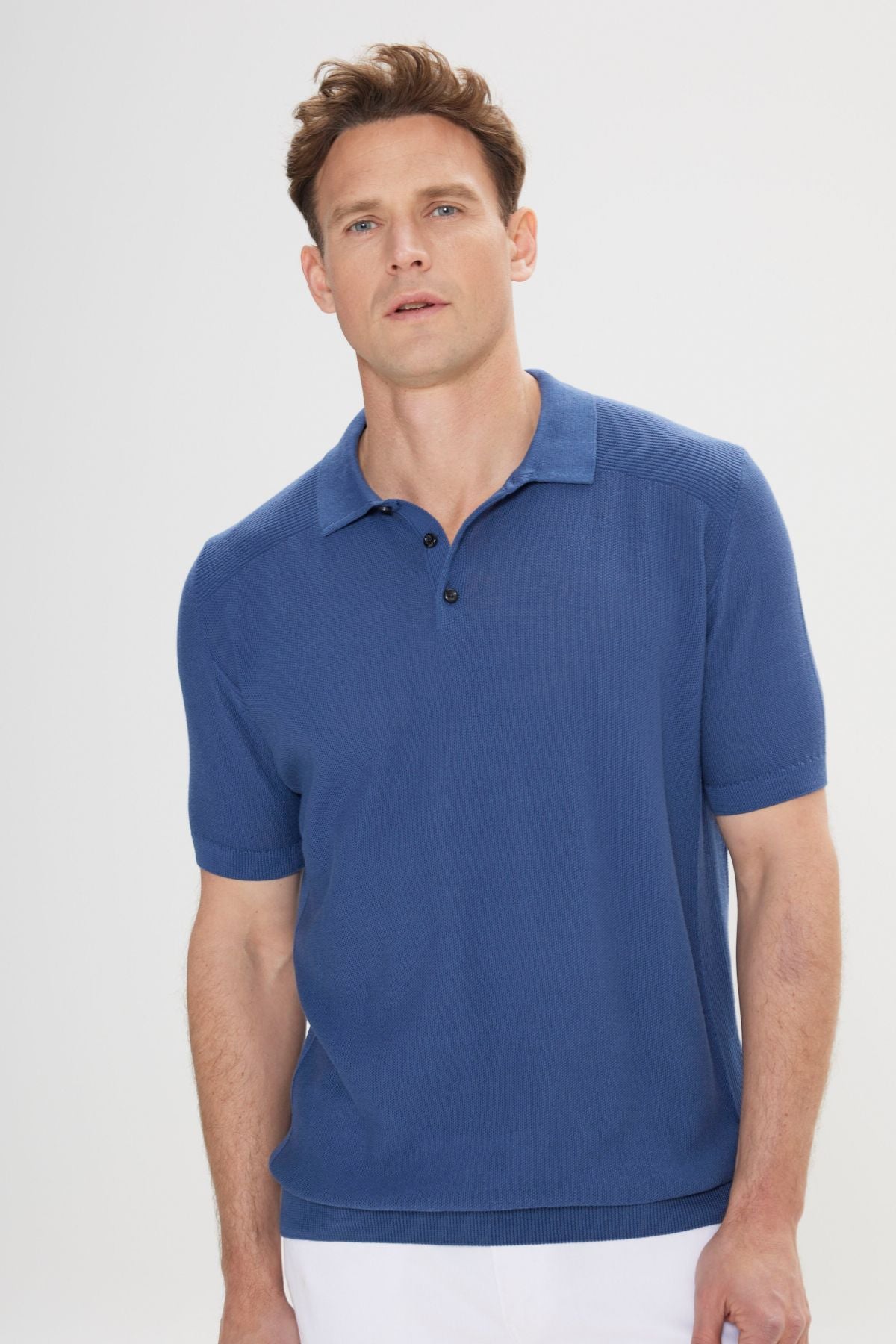 Men's Indigo Standard Fit Normal Cutting 100 %Cotton Jacquari Polo Yaka Triko T -shirt