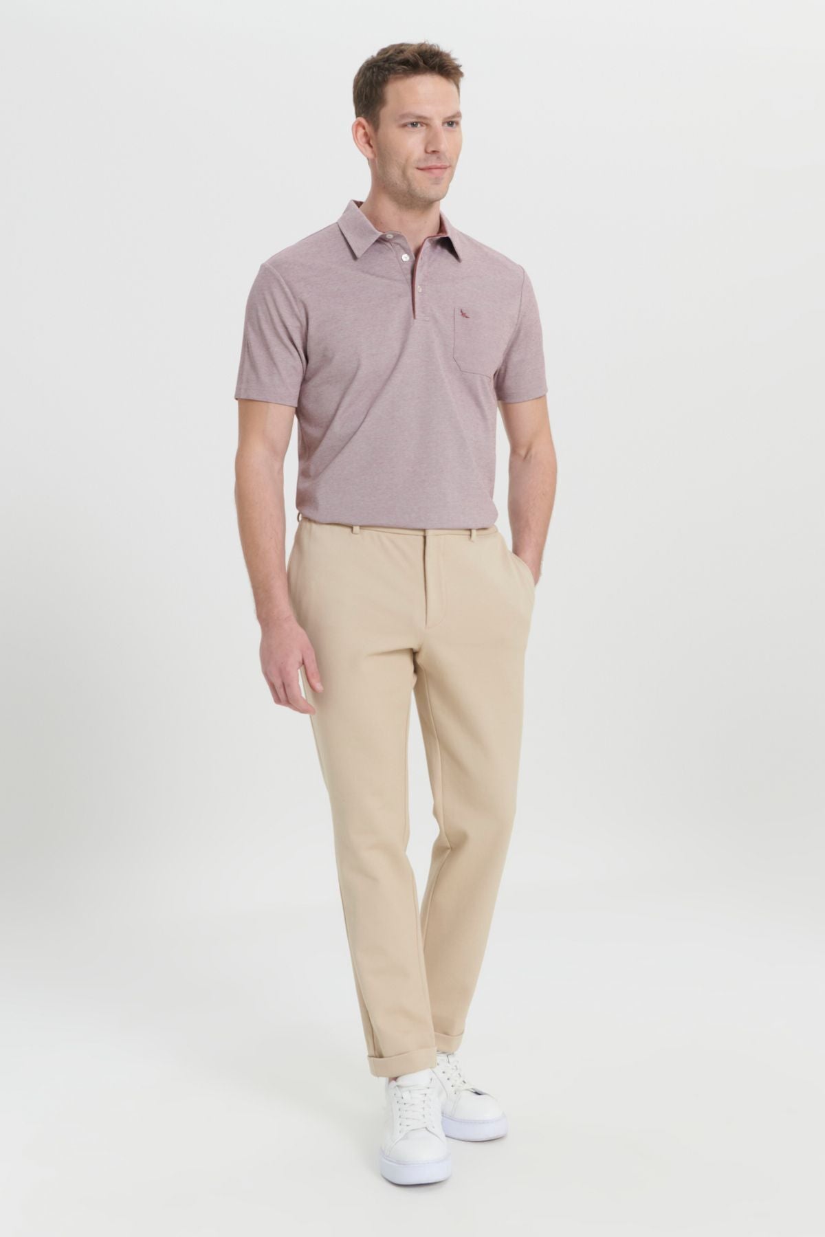 Men's beige 360 degrees stretching in the direction of the slim fit narrow cut knitting pants