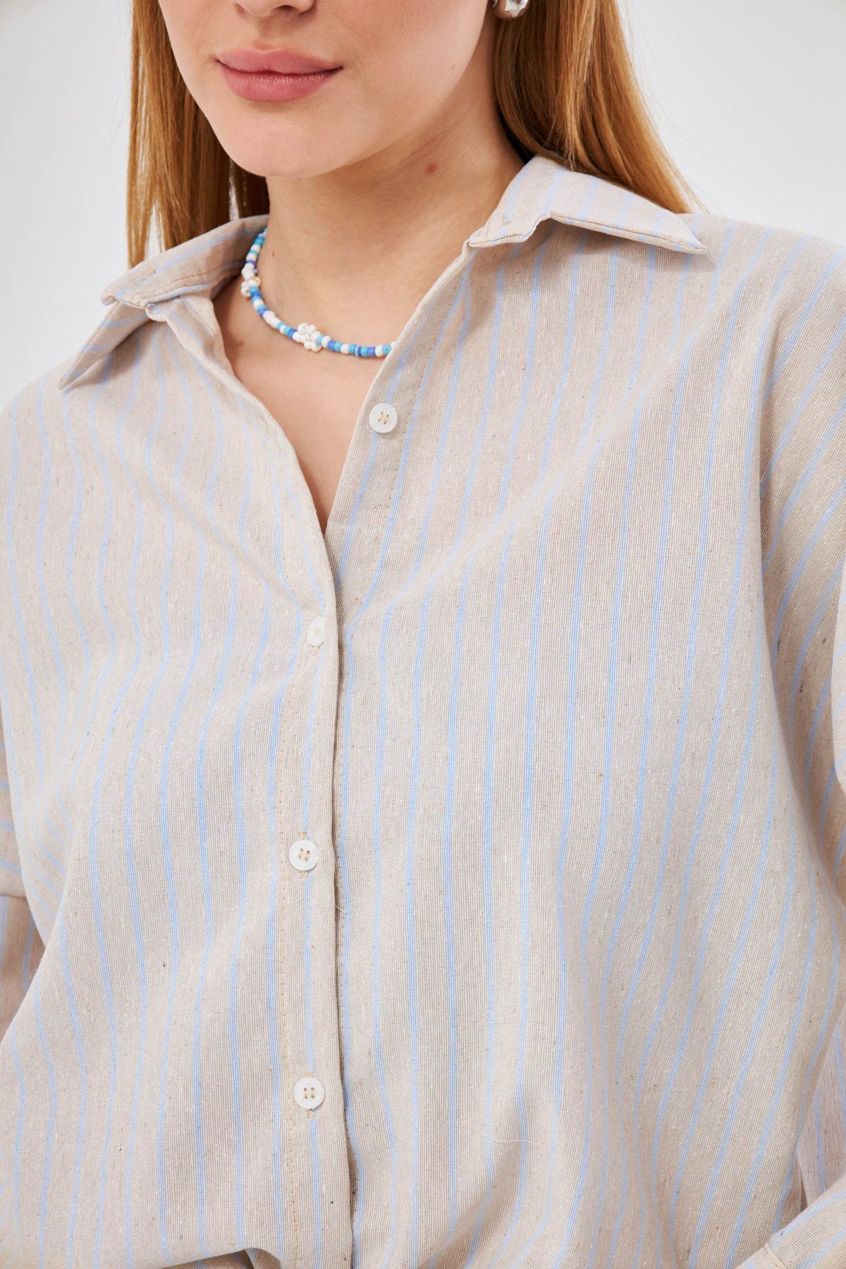 Woman Light Blue Striped Oversize Long Basic Shirt ARM-24K001061