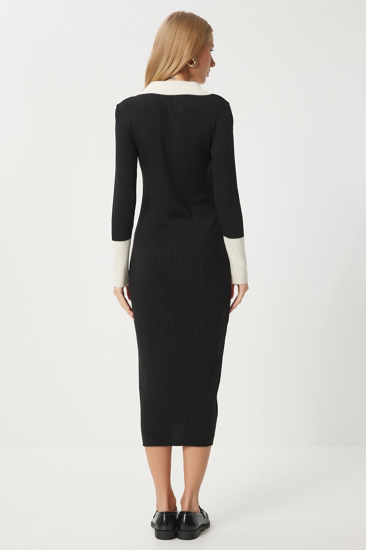 Female black contrast polo collar knitwear dress jg00003