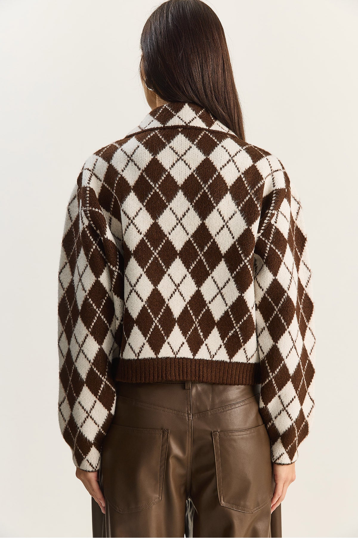 Women's Diamond Patterned Collared Zippered Knitwear Cardigan 20251099