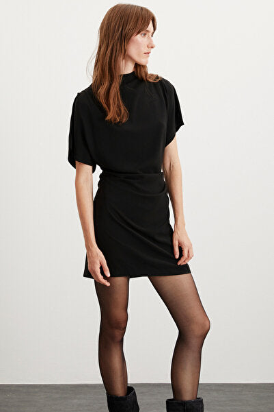 MAXINE Women's Drape Detailed, Off-the-Shoulder, Flexible Crepe Knitted Fabric Mini Black Dress Sitting From The Waist Down