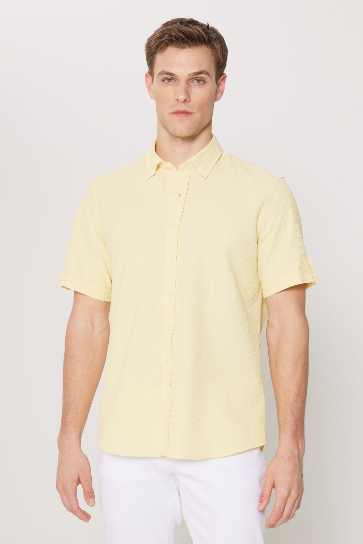 Men's yellow slim fit narrow cut hidden button collar short sleeve shirt