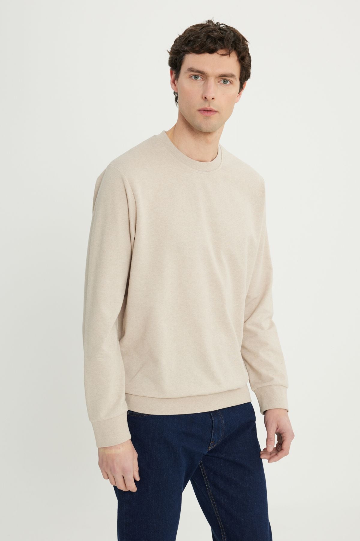 Men's Beige Standard Fit Normal Cutting 2 Yarn Recycle Cotton Bicycle Collar Sweatshirt