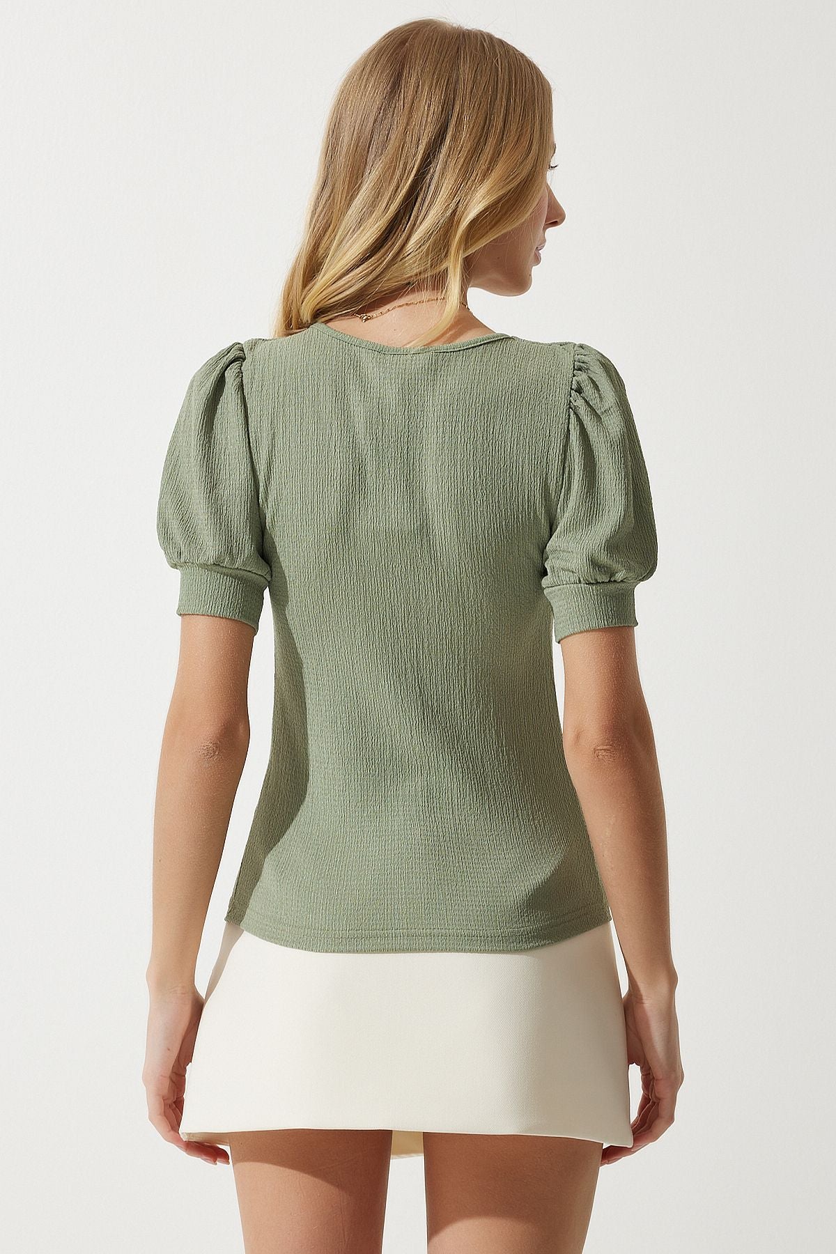 Women Cagla Green Square Balloon Sleeve Knitting Blouse DD01051