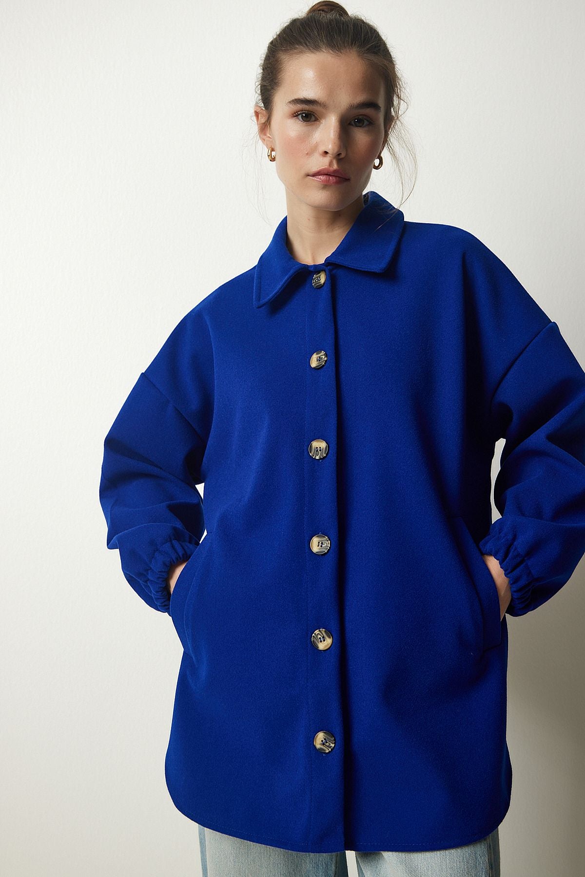 Woman Cobalt Blue Button Pocket Oversize Shirt Jacket DD01263