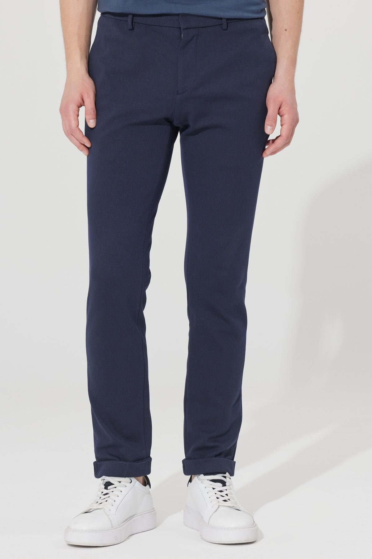 Men's navy blue slim fit narrow cut diagonal patterned flexible waist tied jogger pants