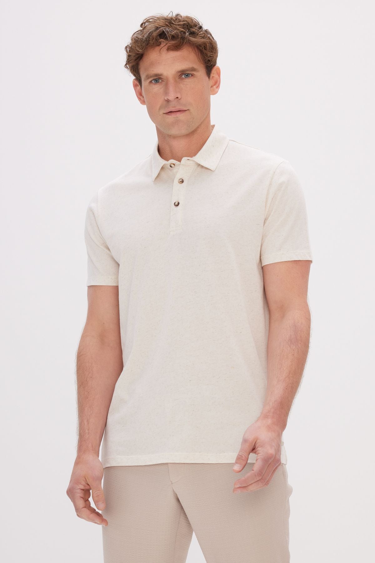 Men's beige melanj Slim fit narrow cut polo collar cotton t -shirt