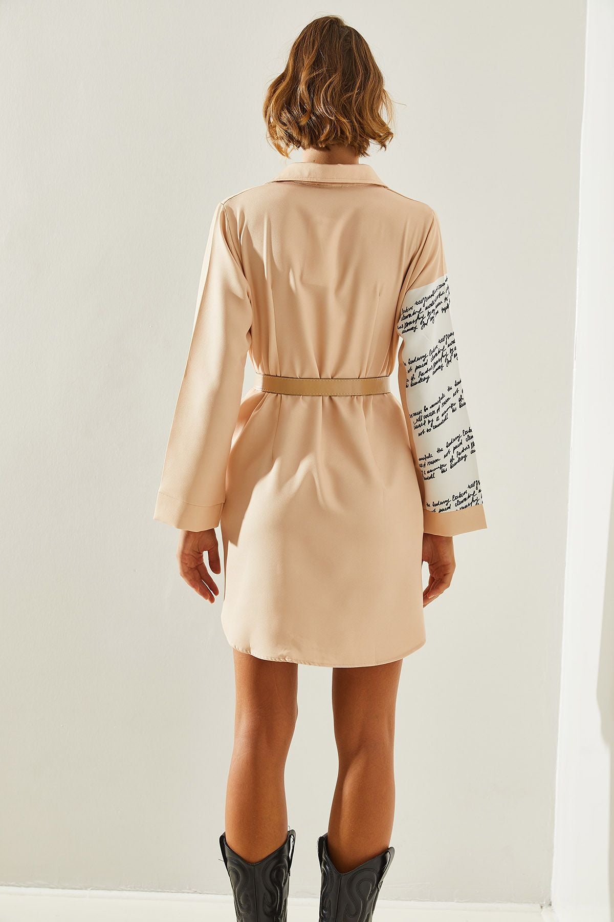 Women's Shirt Collar Digital Printing Patterned Pocket Detailed Arched Dress 22241 60251618