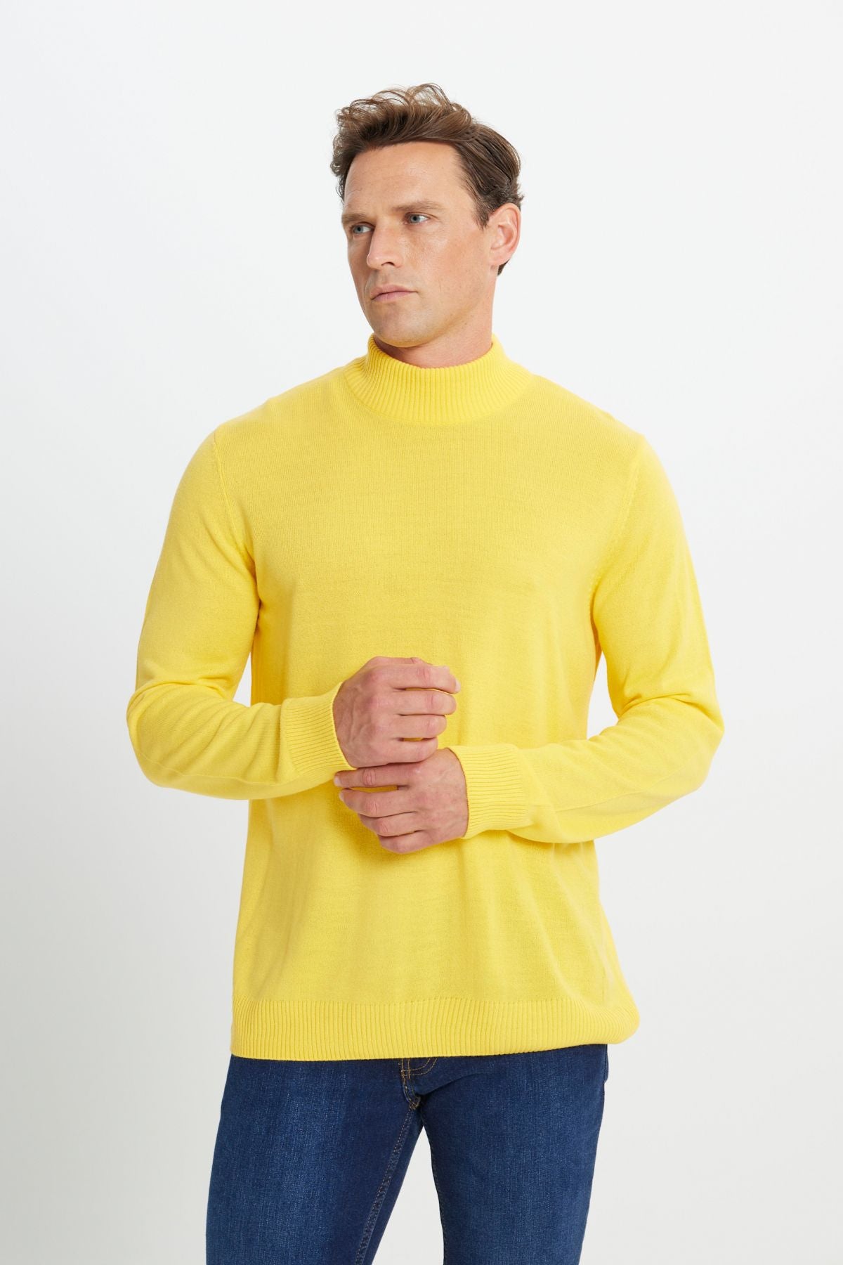 Men's yellow hair growth standard fit normal cut half fisherman collar knitwear sweater