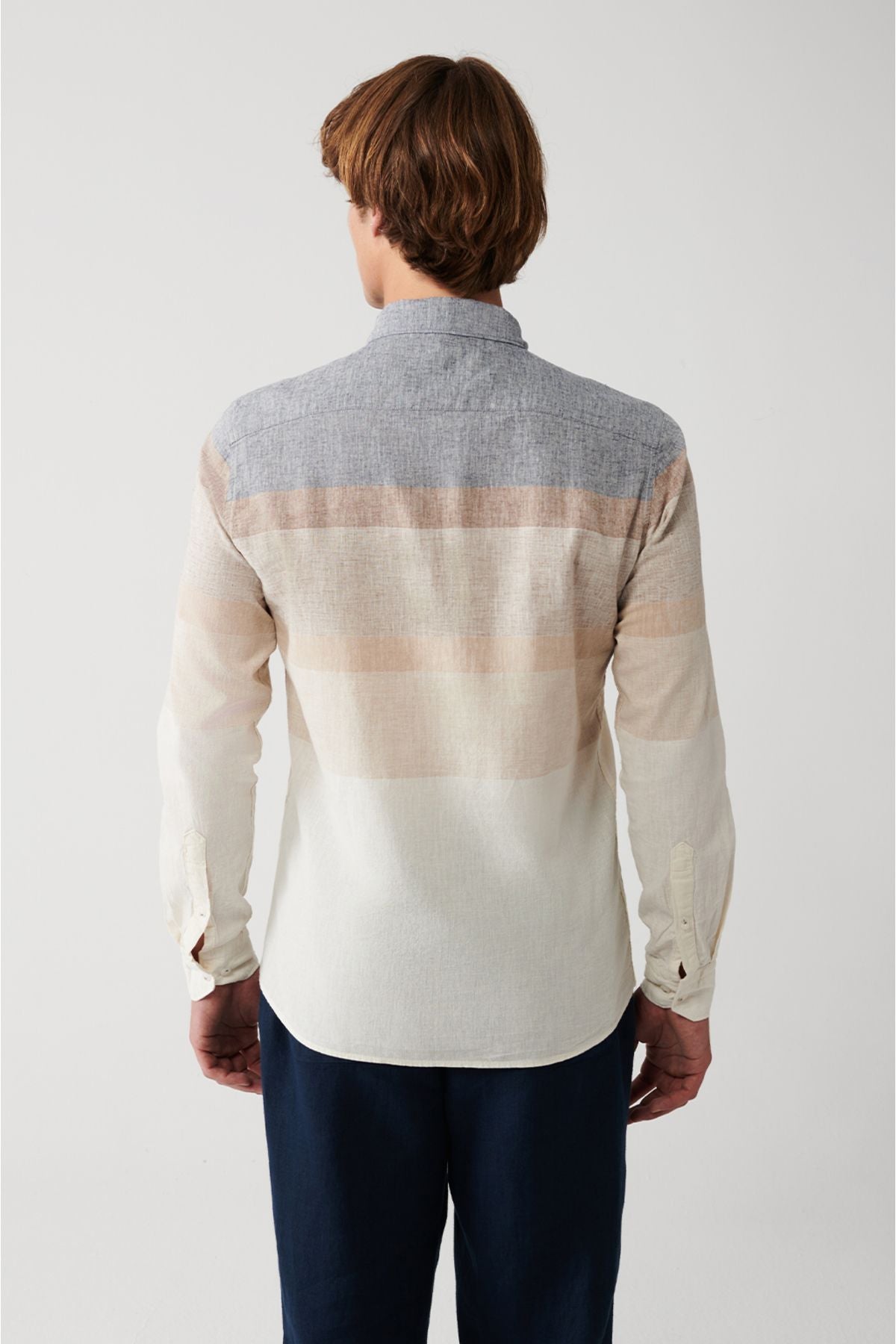 Men's gray cotton linen mixed striped shirt A31y2271