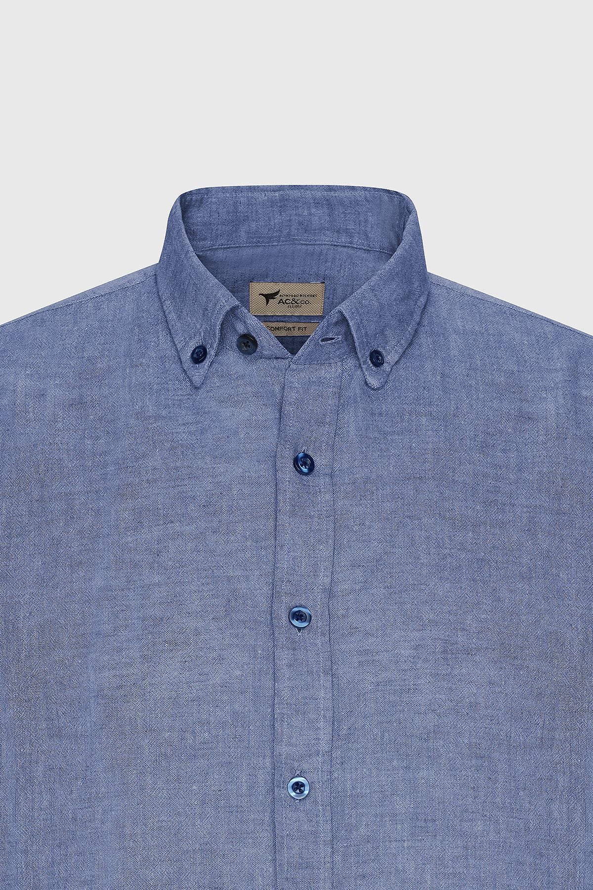 Men's Saks Blue Linen Comfort Fit Casual Cutton Casual Shirt with button