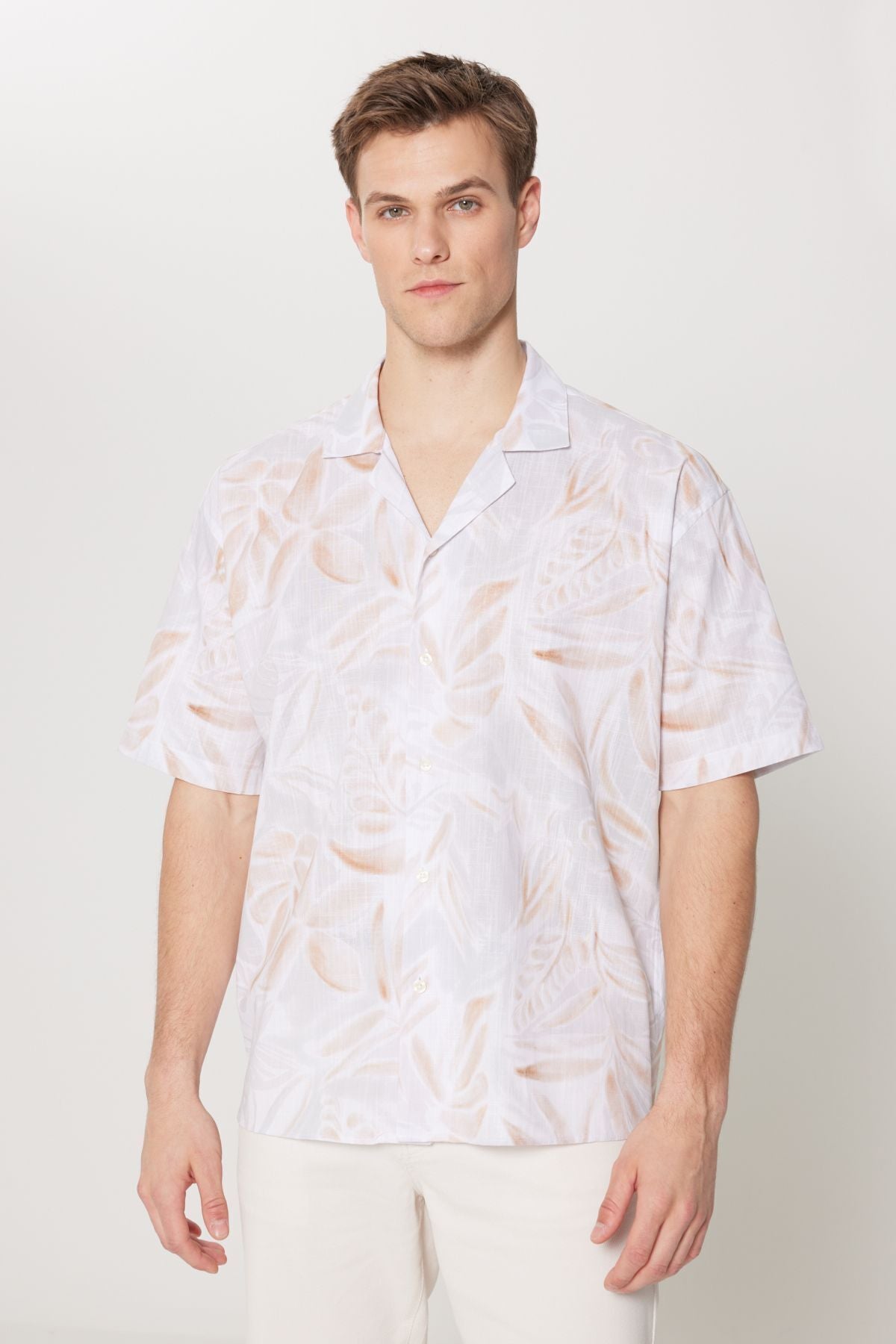 Men's Beige-Cahve Oversize Abundant Cuta Cuba Yaka 100 %Cotton Printed Short Sleeve Shirt