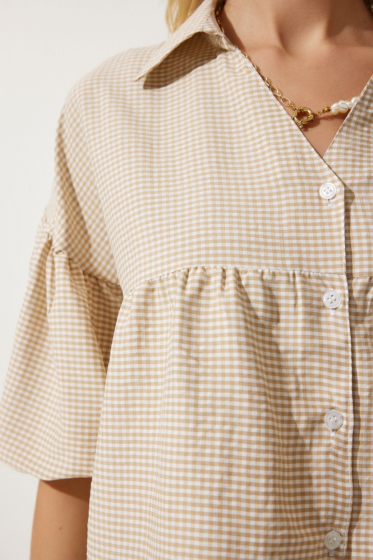 Women's Beige Balloon Sleeve Pötikare Woven Shirt RG00013