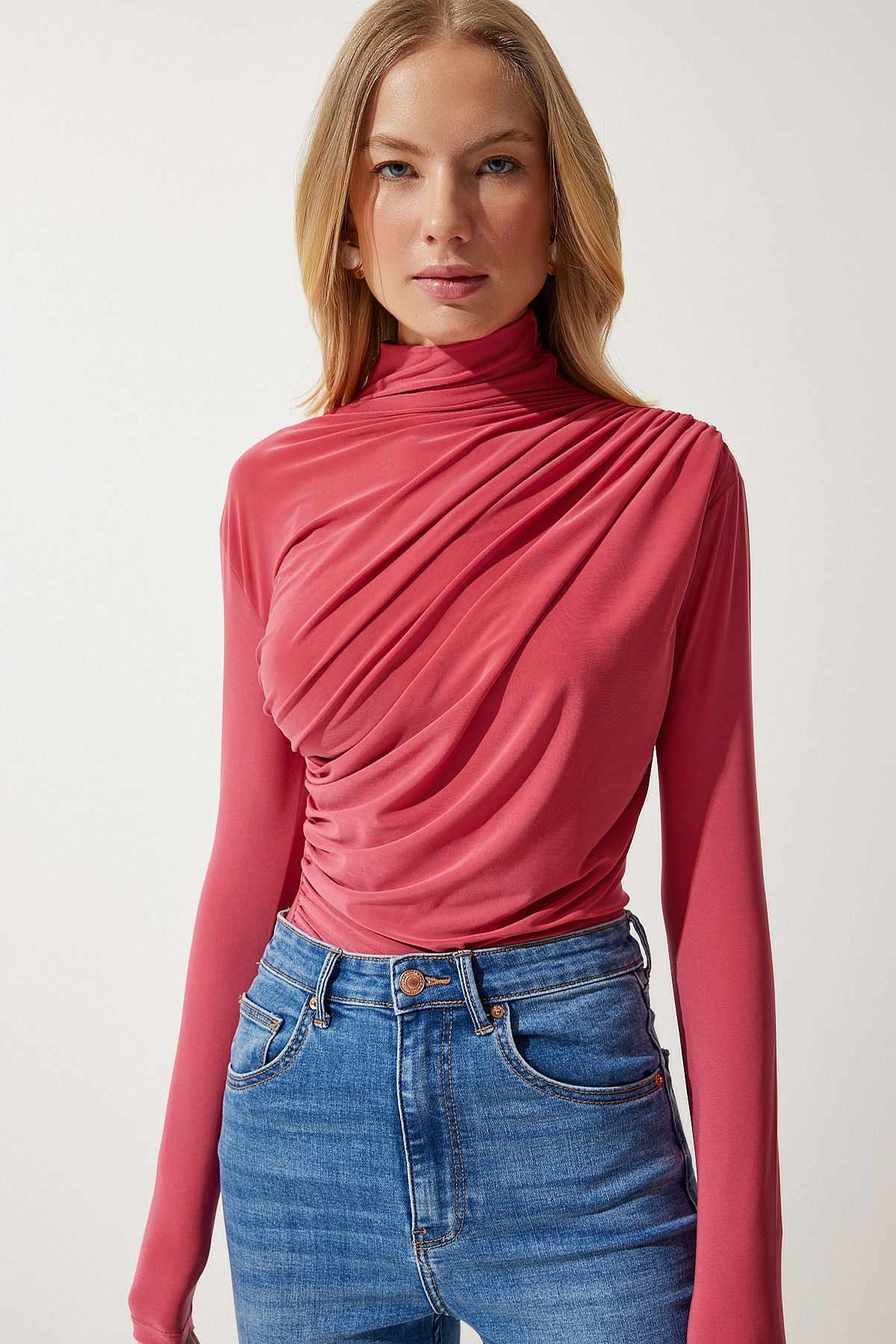 Female Candy Pink Shirness Detailed Sandy Blouse FF00135