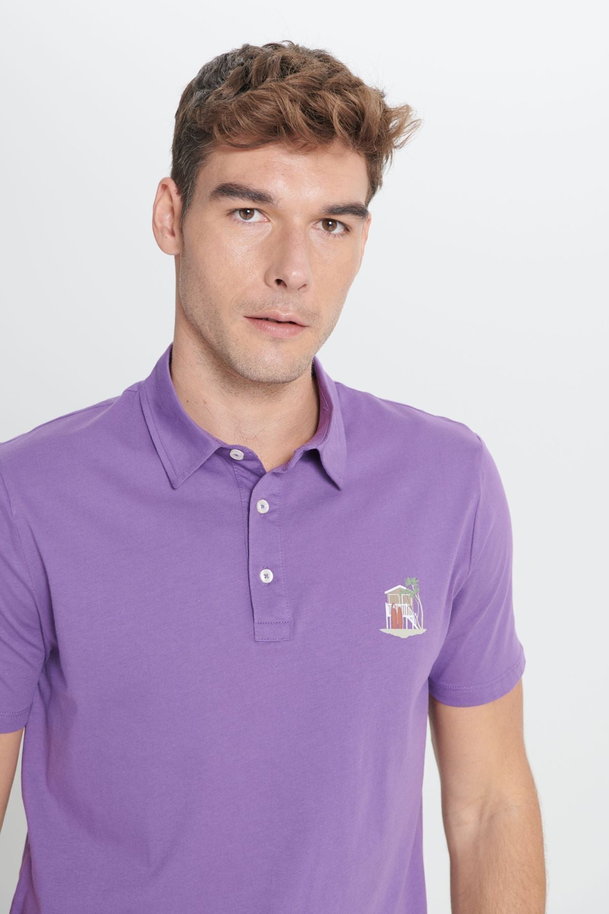 Male Purple Standard Fit Normal Cutting 100 %Cotton Soft Table Printed Polo Yaka T -shirt