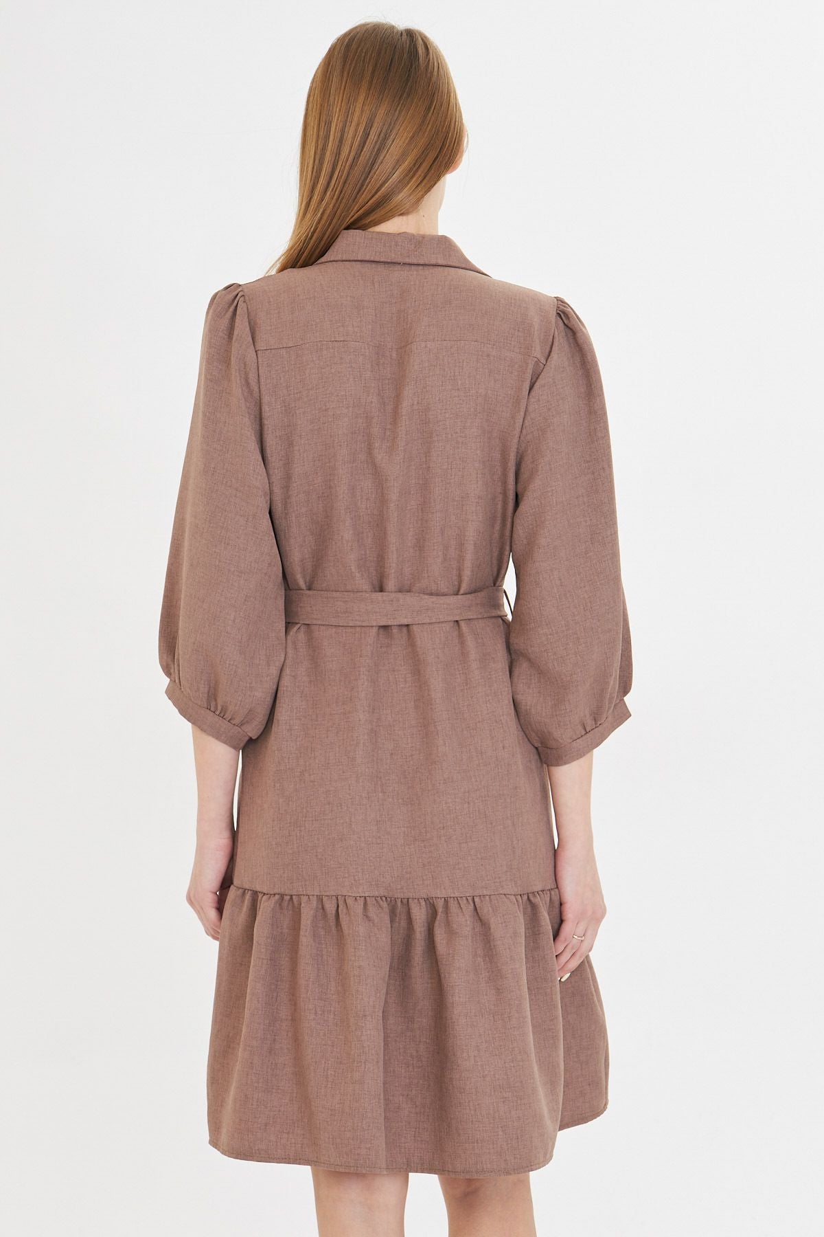 Female mink shirt collar quarter arm waist belt skirt shirred dress ARM-25Y001010