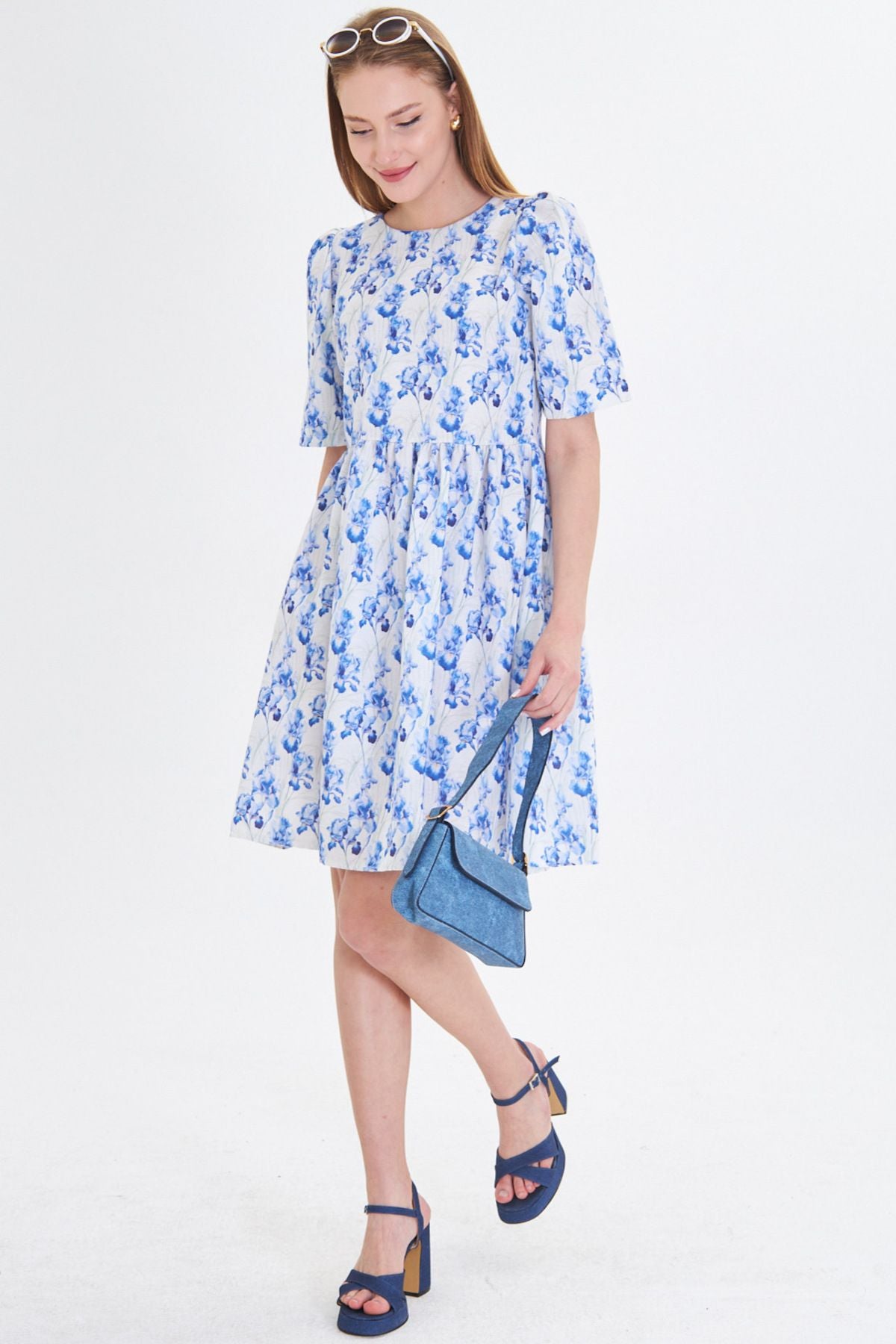 WOMEN BLUE ZERO GOOD BACKGROUND LIPS WATER WALL WASTE SHIRT SPRED DRESS ARM-25Y001009