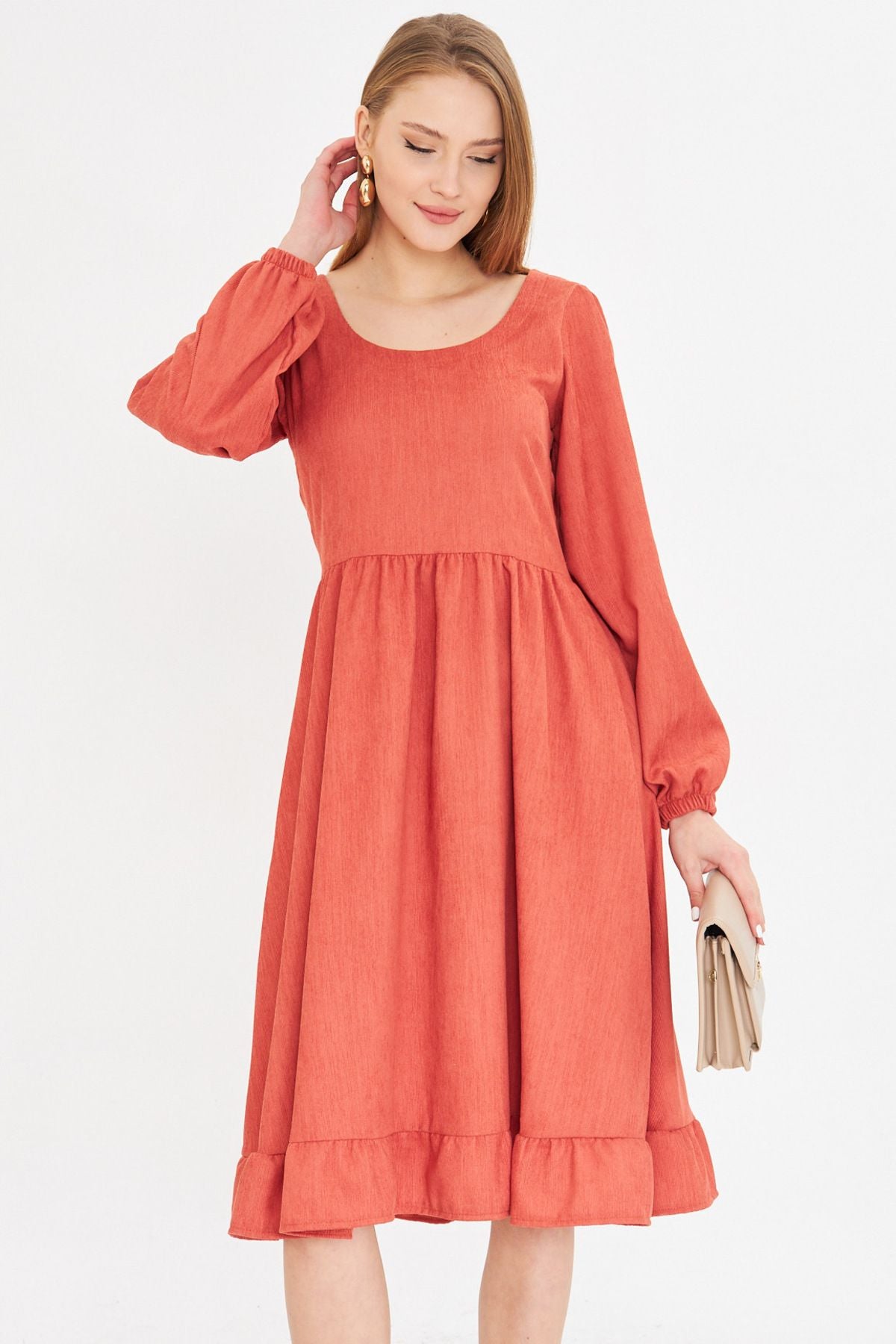 Female Salmon U Behind the Back Zipper Waist Midi Midi Boy Velvet Dress ARM-25K001103