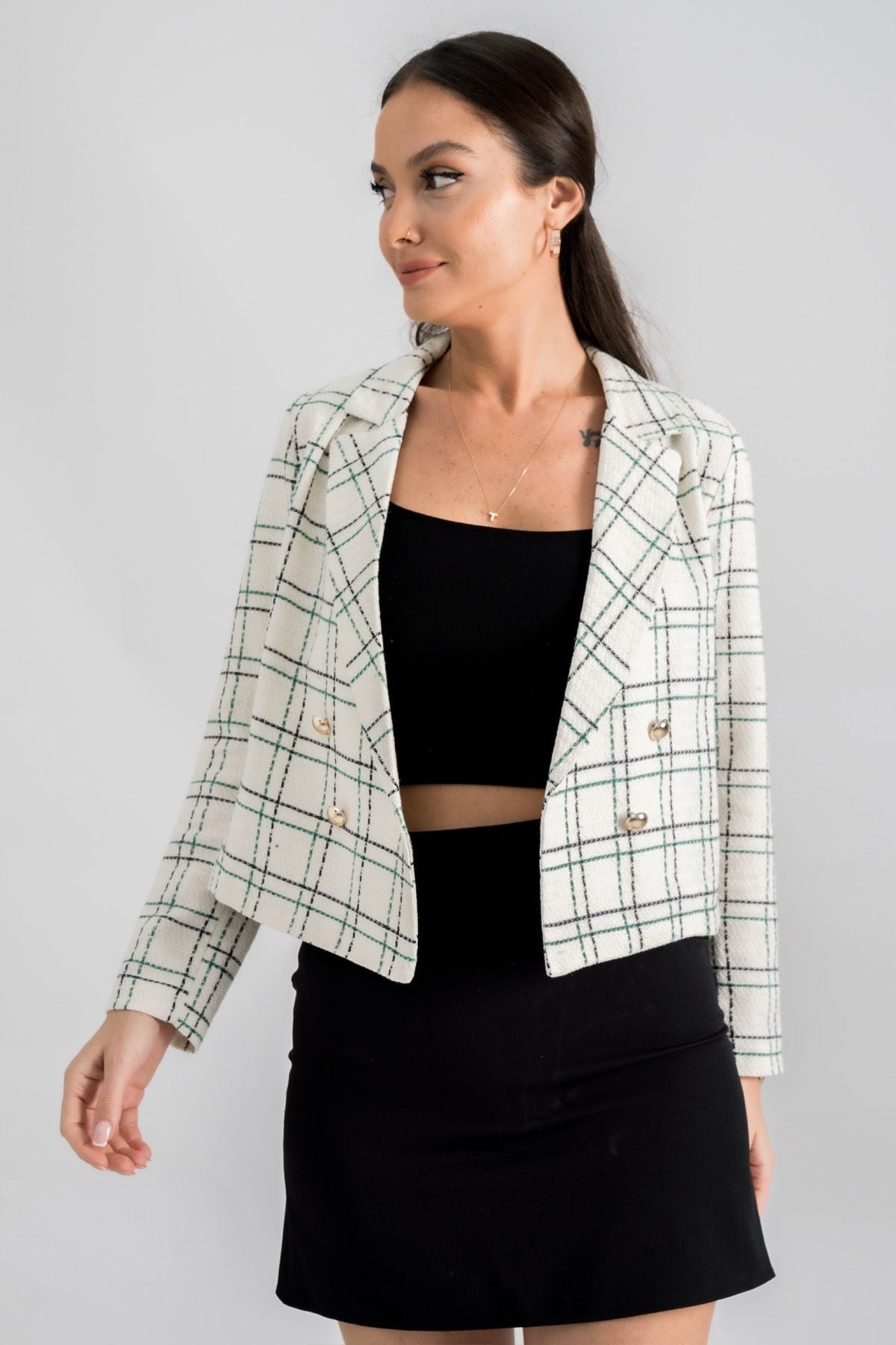 WOMEN Dark Green Cruiser Collar Tüvit Crop Jacket ARM-24K001014