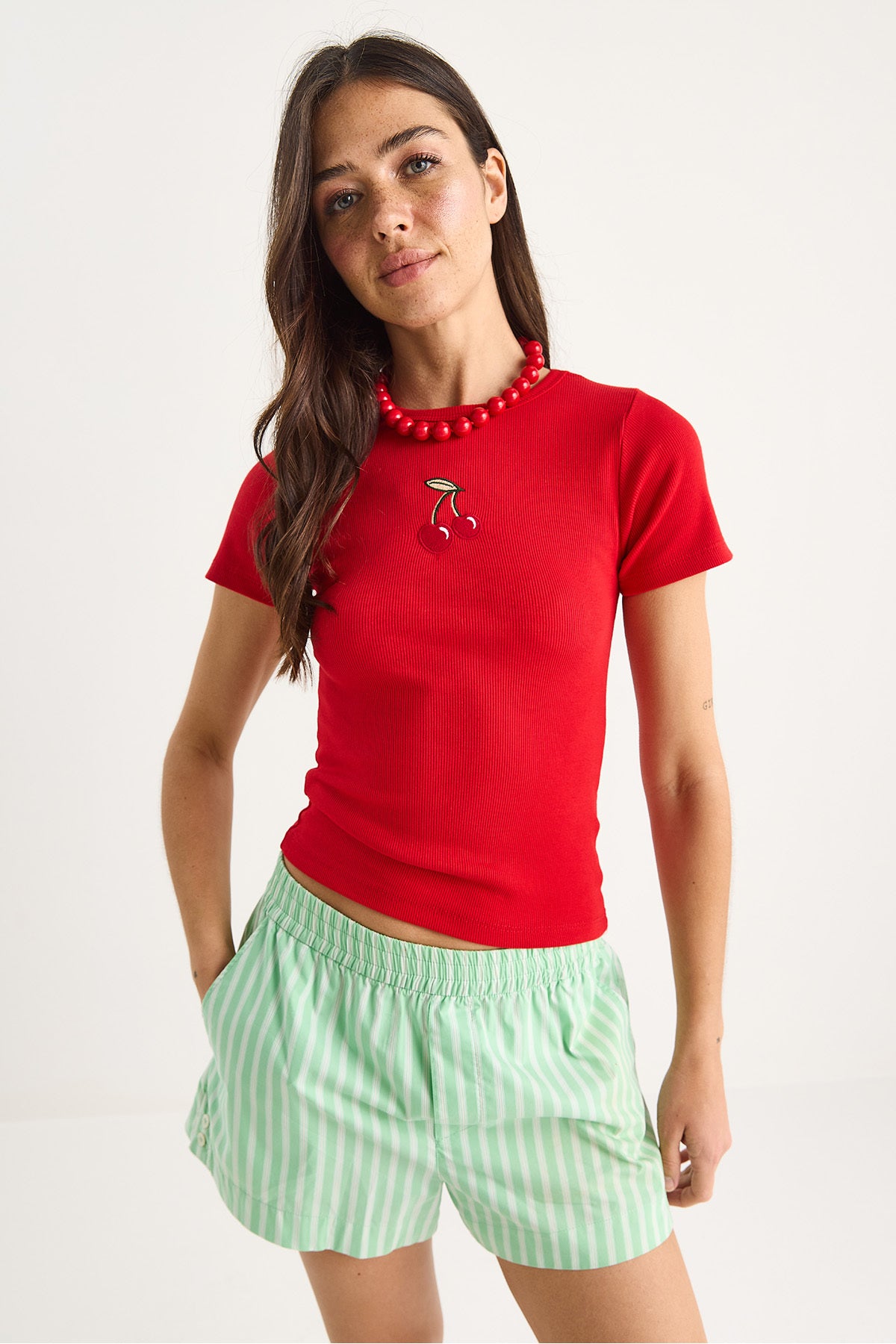 Women's Cherry Embroidered Ribbed Basic Crop T-Shirt 4053 60283400