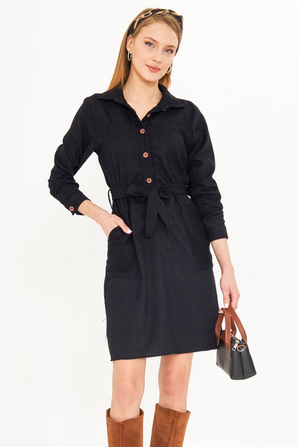 Female black front buttoned pocket belt velvet dress ARM-25K001085