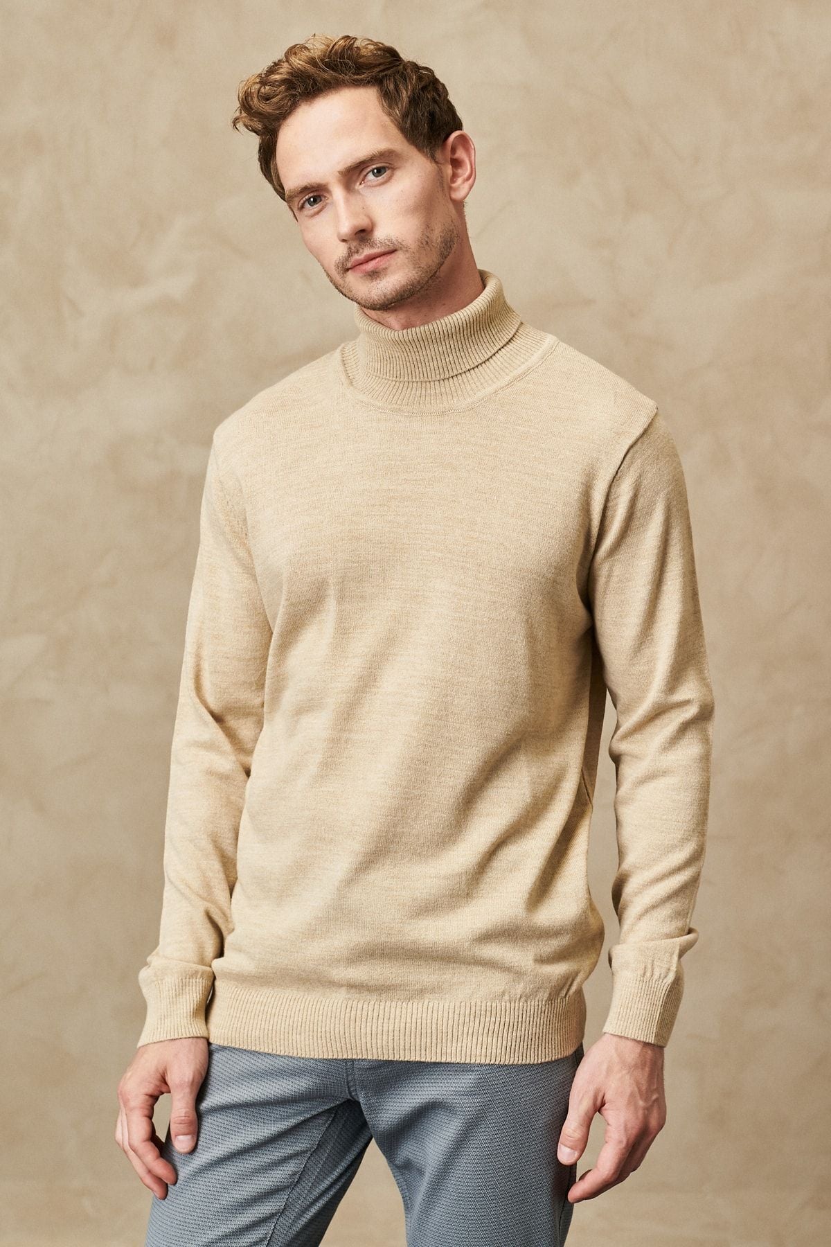 Men's Beige Flashing Anti Pilling Standard Fit Full Fisherman Yaka Knitwear Kazakh