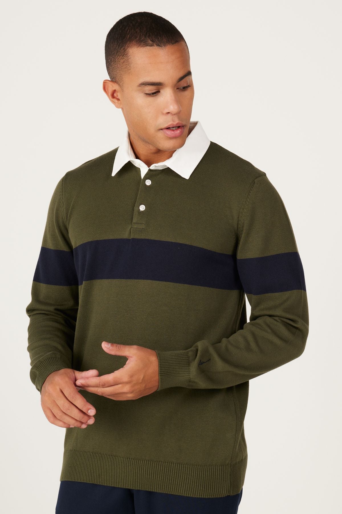 Men's Khaki-Navy Blue Standard Fit Normal Cut Polico Knitwear with 100 %Cotton Patterned Patterned