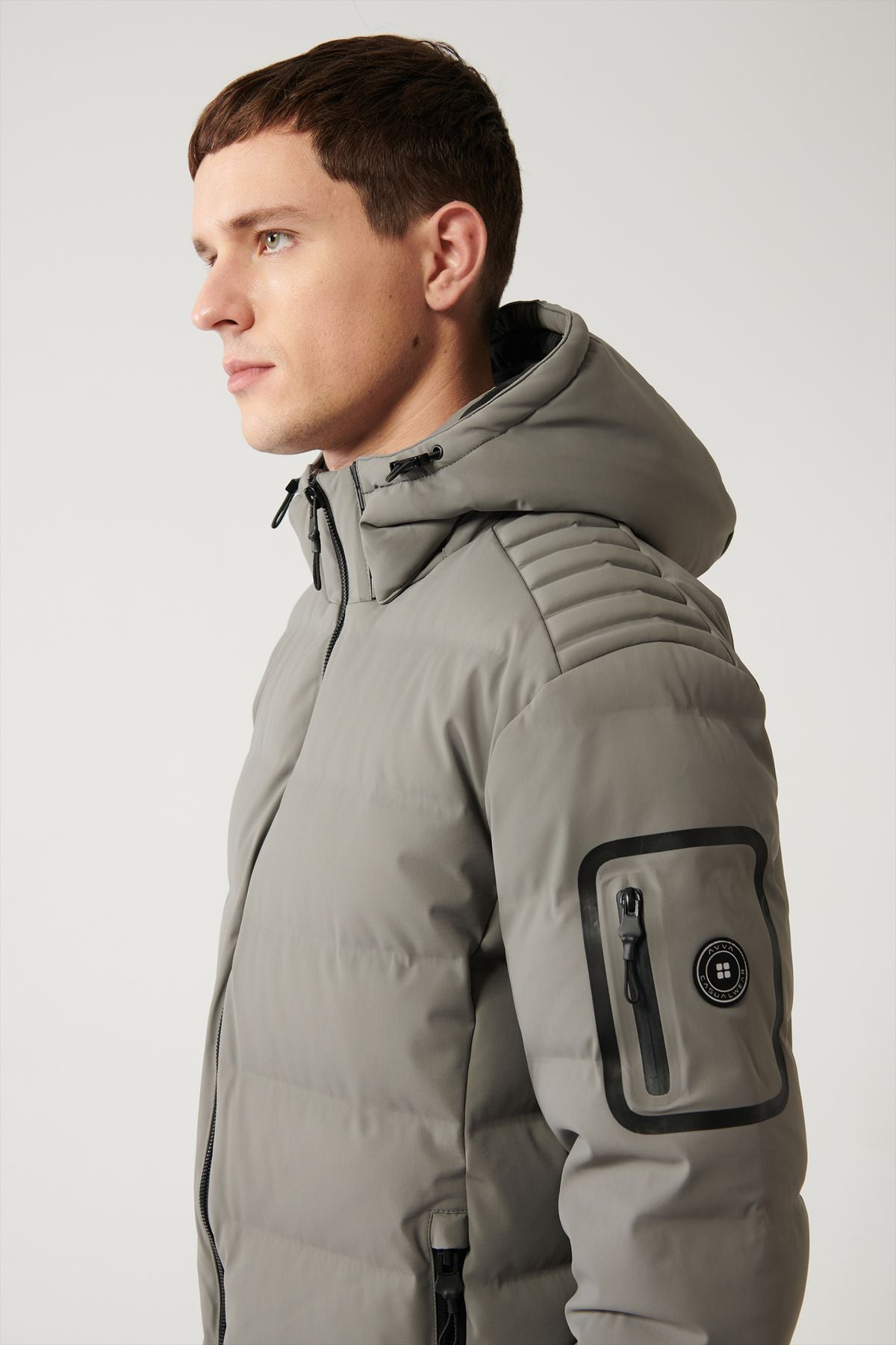 Men's gray swelling coat goose feather water repulsive windproof thermometer removable hooded comfort