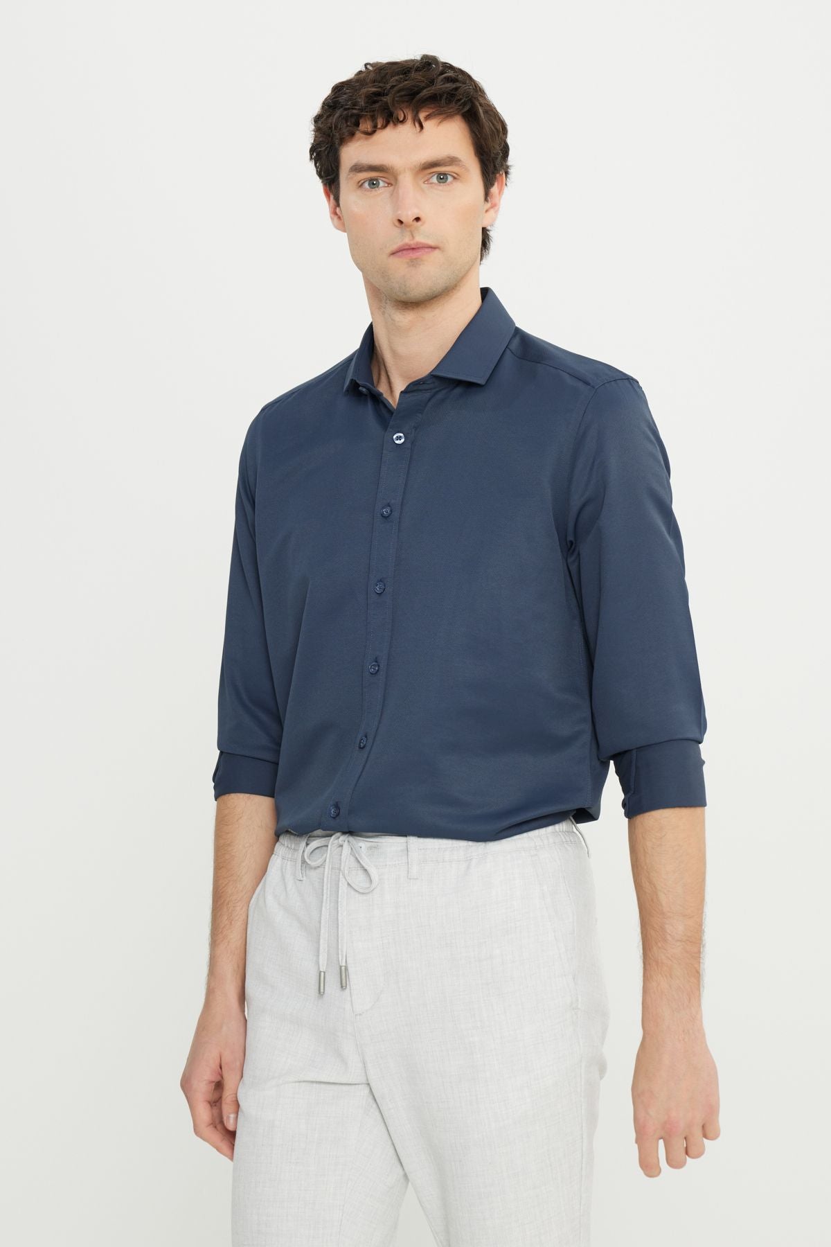 Men's navy blue easy to ironing slim fit narrow cut italy